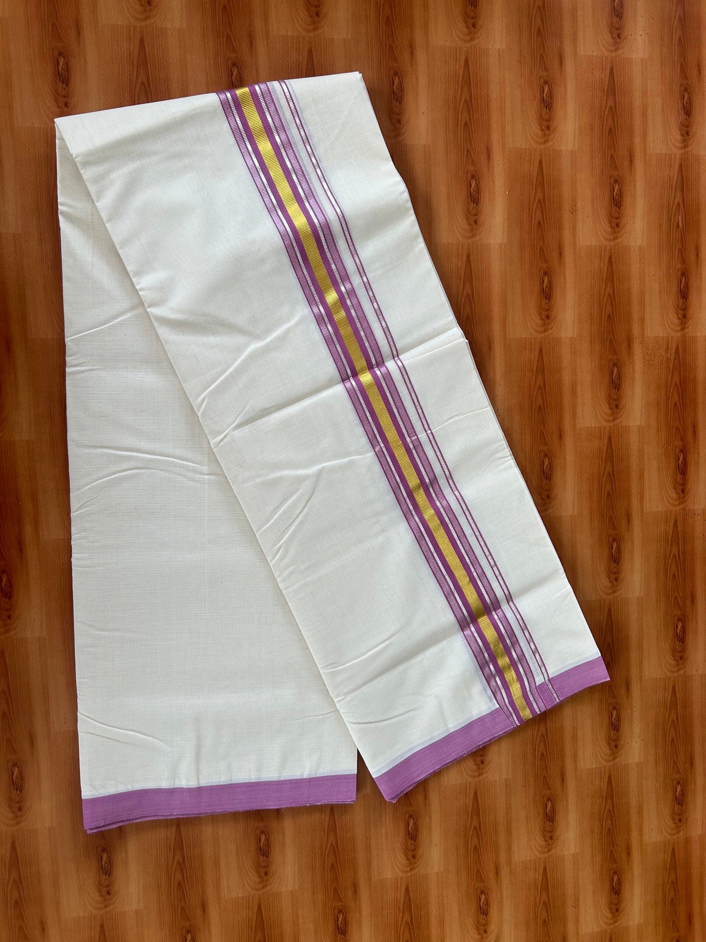 25% Discount! KaithariKada Handloom Millpaav - Kerala Handloom - Cotton Double Mundu/Dhoti Off white (Unbleached) - 80x90 - 1.75 inch Gold & Silver Kasav Deep Magenta Stripes Kara 4.00 meter (8.5 Muzham) - 3 KK5386 RAM