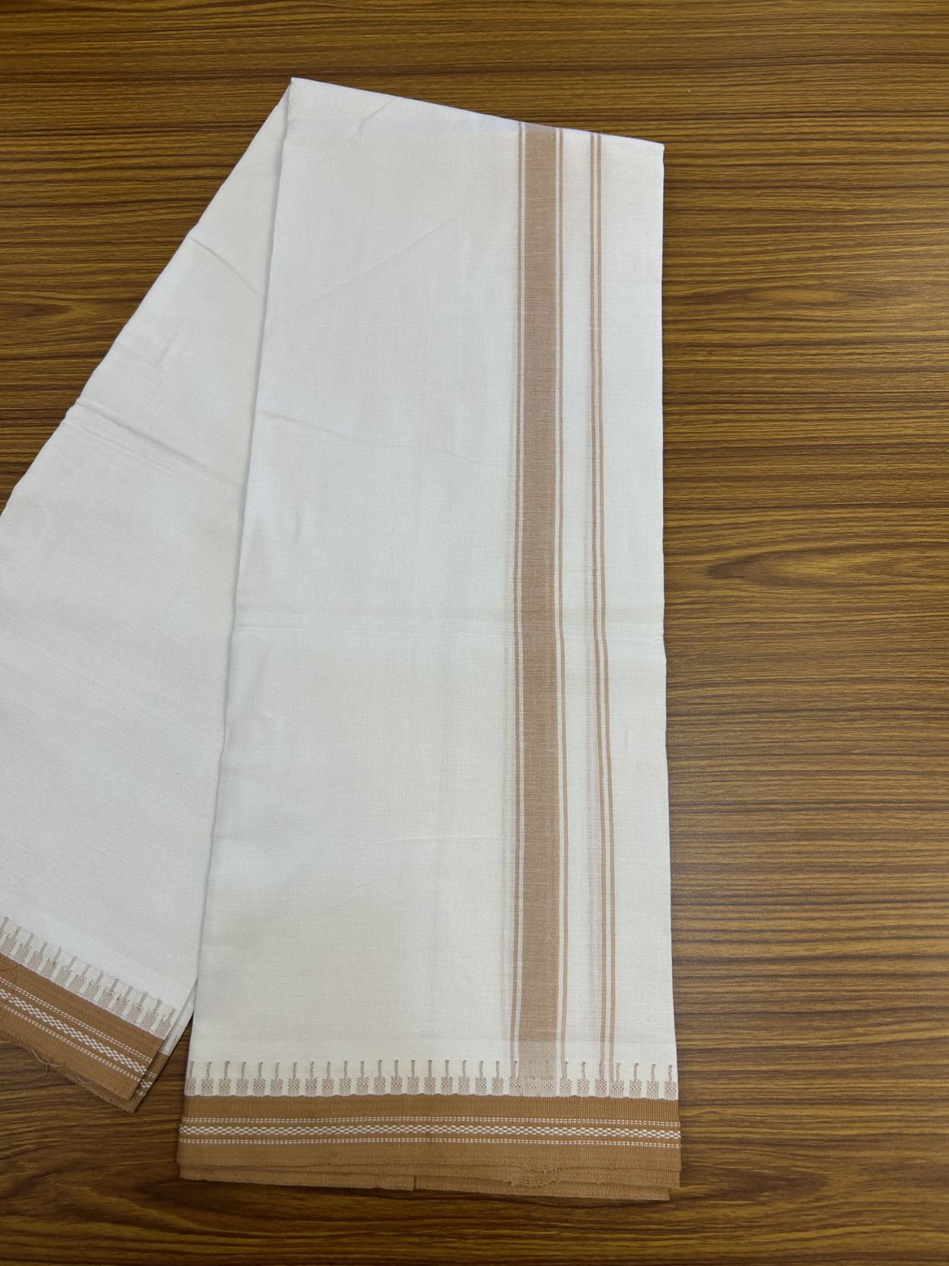 Premium Kathar Type Mercerised Pure Cotton Single Mundu Kaitharikada Special - Kaily / Lungi - 60s - 1 inch Peach Brown Striped kara White Body Kuppadam Border (2 meter / 4 muzham) - 8 KK5316 MR