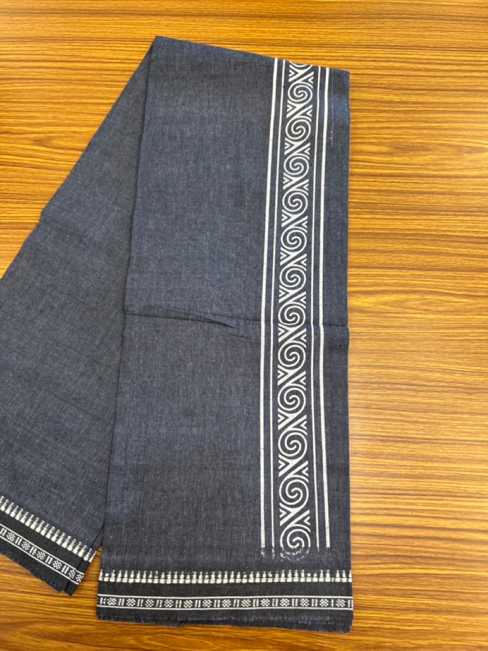 Kaitharikada - Single Kaily / Lungi - Polyster + Cotton - 20s twisted - 2.5 inch White Design printed kara with Ash Blue colour body - 115 KK8035 GAN