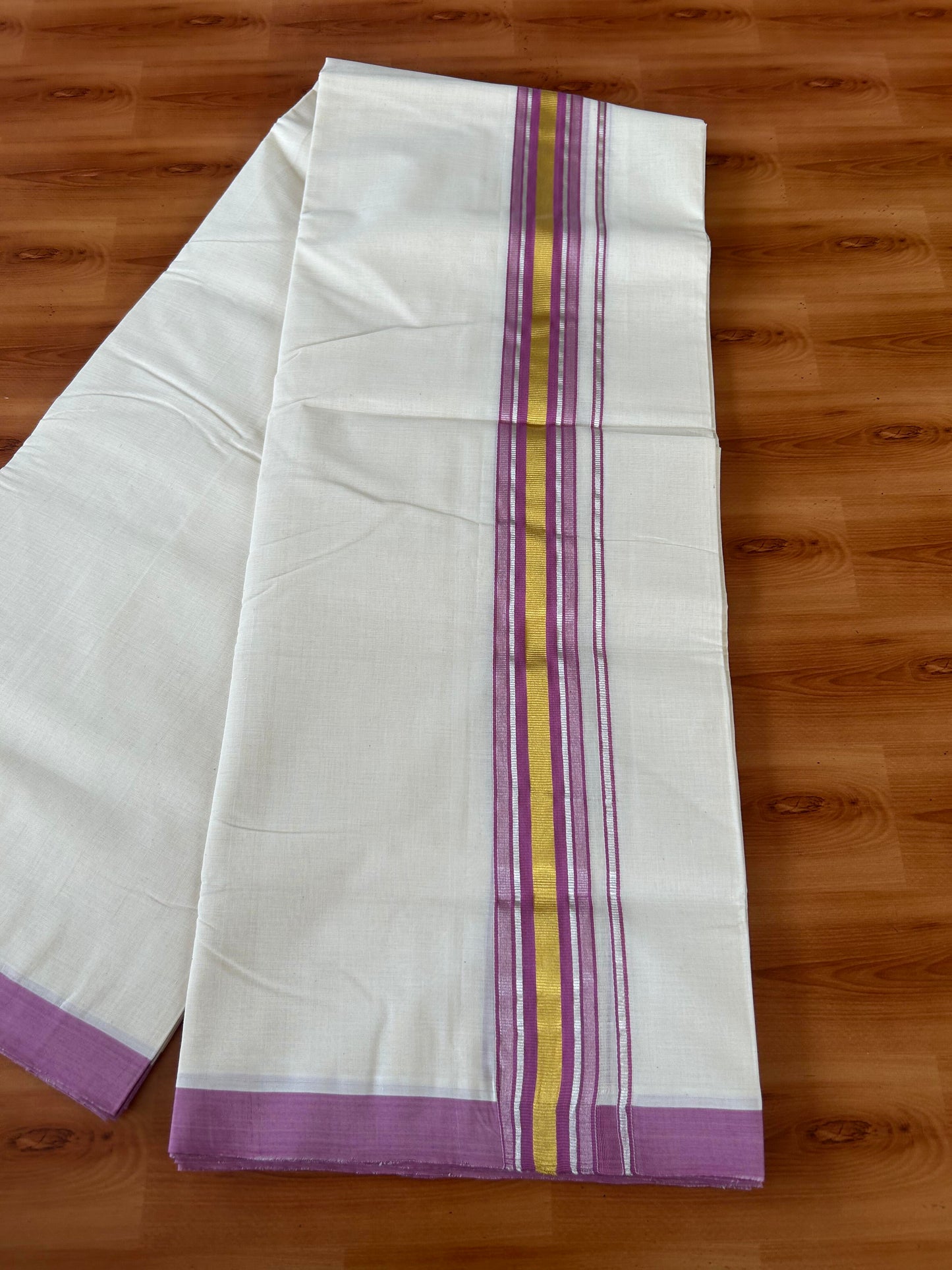 25% Discount! KaithariKada Handloom Millpaav - Kerala Handloom - Cotton Double Mundu/Dhoti Off white (Unbleached) - 80x90 - 1.75 inch Gold & Silver Kasav Deep Magenta Stripes Kara 4.00 meter (8.5 Muzham) - 3 KK5386 RAM