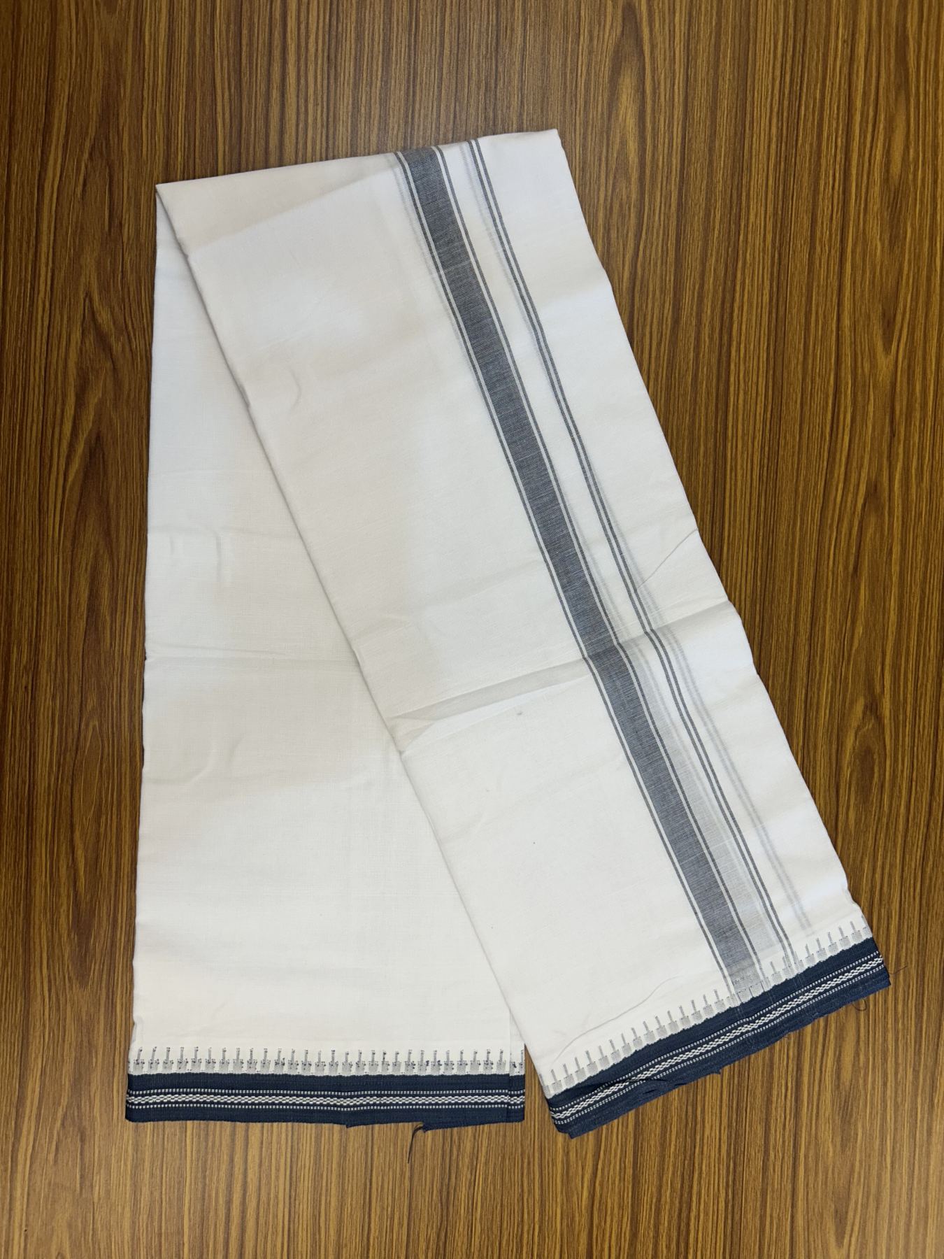 Premium Kathar Type Mercerised Pure Cotton Single Mundu Kaitharikada Special - Kaily / Lungi - 60s - 1 inch Ash Blue Striped kara White Body Kuppadam Border (2 meter / 4 muzham) - 9 KK5316 MR
