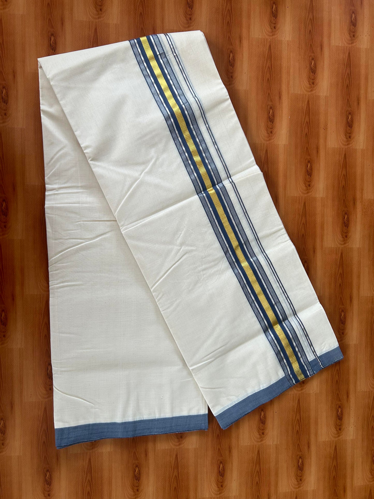 25% Discount! KaithariKada Handloom Millpaav - Kerala Handloom - Cotton Double Mundu/Dhoti Off white (Unbleached) - 80x90 - 1.75 inch Gold & Silver Kasav Ash Blue Stripes Kara 4.00 meter (8.5 Muzham) - 9 KK5386 RAM