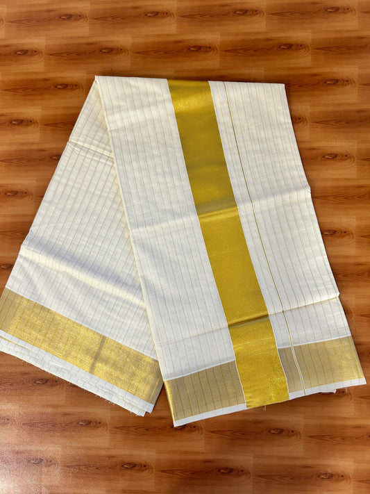 25% Discount! Kaitharikada Kerala Traditional Saree Off white- Mixed Cotton Kasav Saree - 3 Inch  Pallu - Gold Kasav Kara & Striped Design Body - 50 KK7000 PMC
