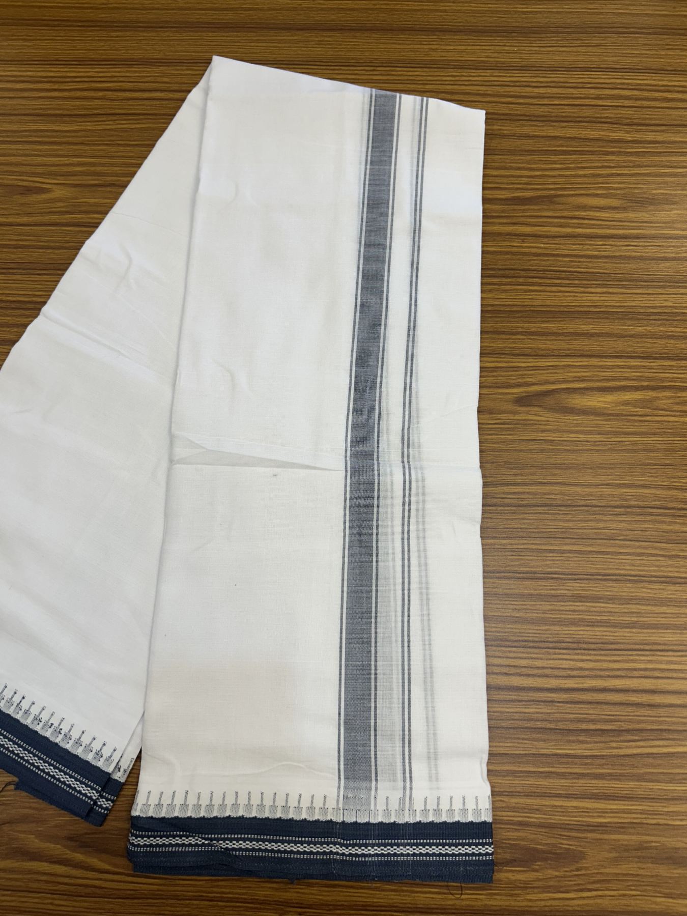 Premium Kathar Type Mercerised Pure Cotton Single Mundu Kaitharikada Special - Kaily / Lungi - 60s - 1 inch Ash Blue Striped kara White Body Kuppadam Border (2 meter / 4 muzham) - 9 KK5316 MR