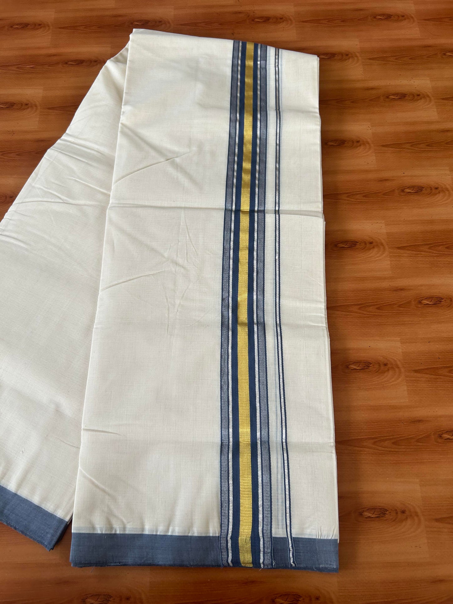25% Discount! KaithariKada Handloom Millpaav - Kerala Handloom - Cotton Double Mundu/Dhoti Off white (Unbleached) - 80x90 - 1.75 inch Gold & Silver Kasav Ash Blue Stripes Kara 4.00 meter (8.5 Muzham) - 9 KK5386 RAM