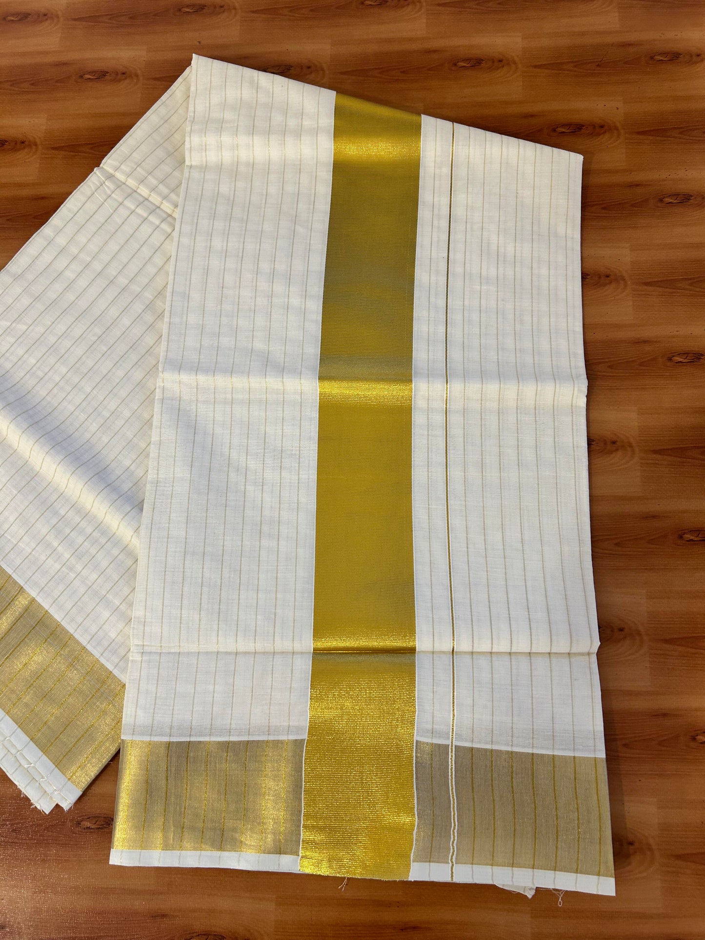 25% Discount! Kaitharikada Kerala Traditional Saree Off white- Mixed Cotton Kasav Saree - 3 Inch  Pallu - Gold Kasav Kara & Striped Design Body - 50 KK7000 PMC