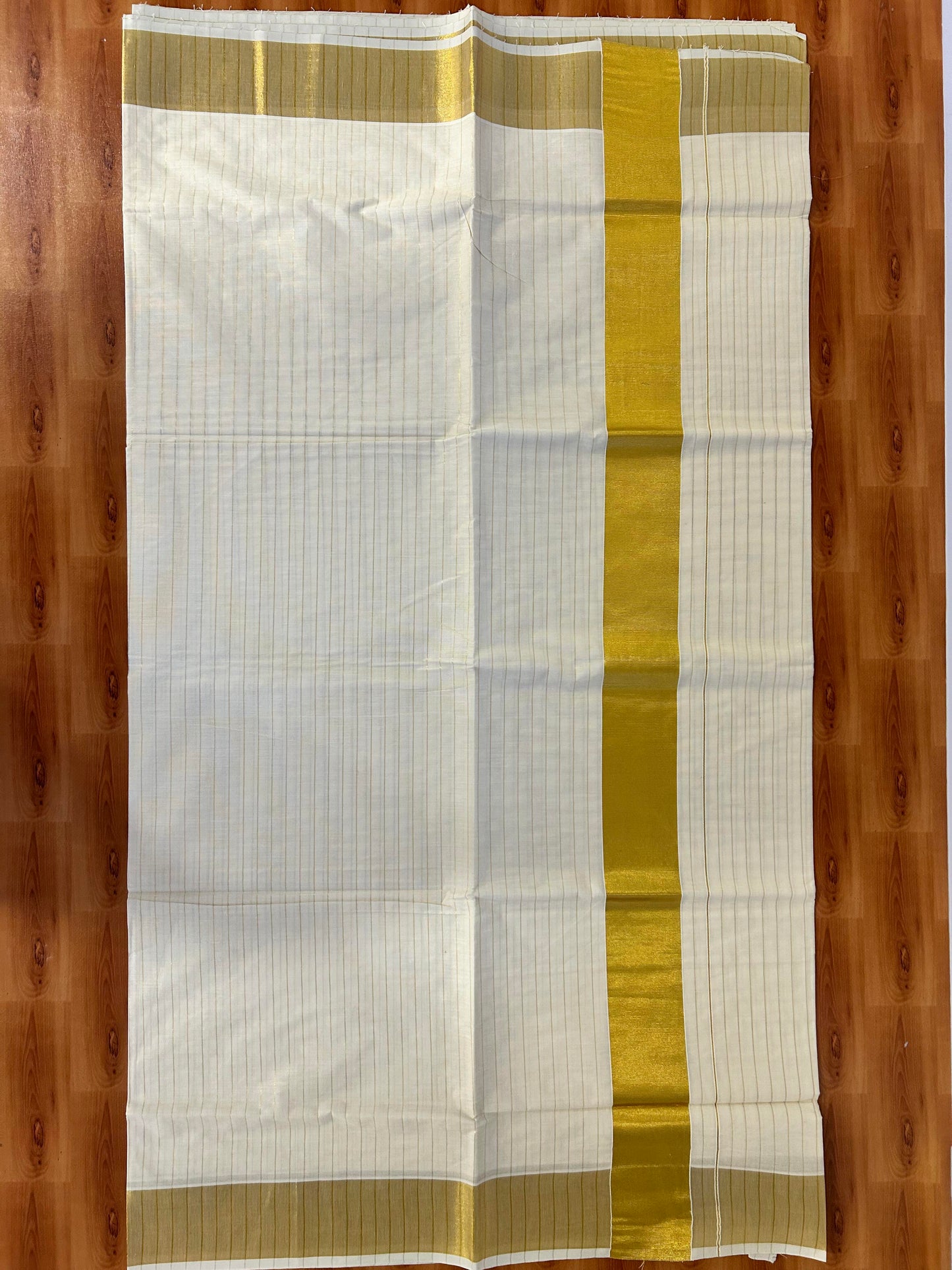 25% Discount! Kaitharikada Kerala Traditional Saree Off white- Mixed Cotton Kasav Saree - 3 Inch  Pallu - Gold Kasav Kara & Striped Design Body - 50 KK7000 PMC