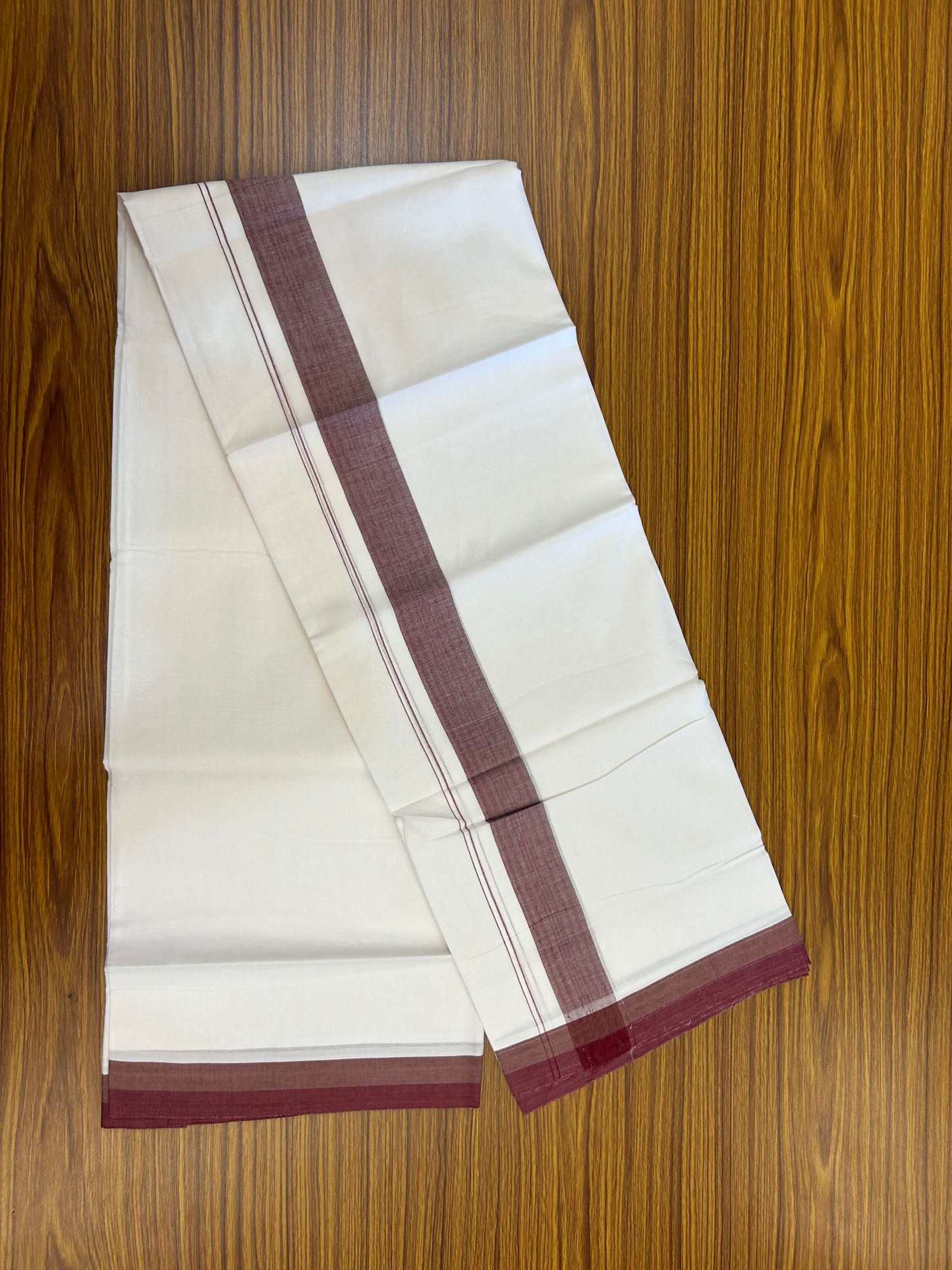 20% Discount! KaithariKada Balaramapuram 100% Cotton Double Pure white Mundu/Dhoti- 100X80 - 1.5 inch Maroon & Sandal Brown Striped kara - 4 mtr ( 8.5 muzham) - 62 KK5371 VIN