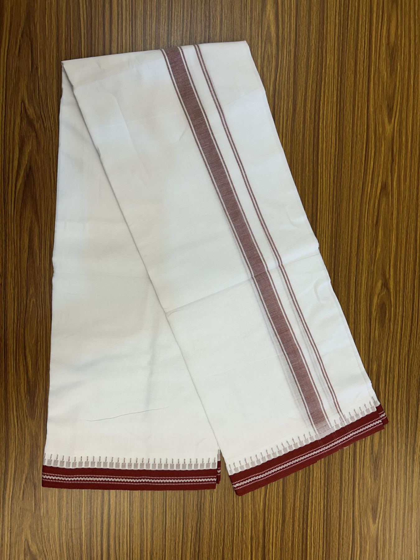 Premium Kathar Type Mercerised Pure Cotton Single Mundu Kaitharikada Special - Kaily / Lungi - 60s - 1 inch Reddish Maroon Striped kara White Body Kuppadam Border (2 meter / 4 muzham) - 3 KK5316 MR