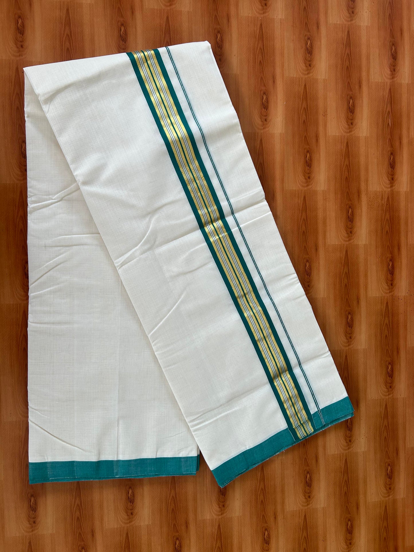 25% Discount! KaithariKada Handloom Millpaav - Kerala Handloom - Cotton Double Mundu/Dhoti Off white (Unbleached) - 80x90 - 1.75 inch Gold & Silver Kasav Peacock Green Stripes Kara 4.00 meter (8.5 Muzham) - 7 KK5386 RAM