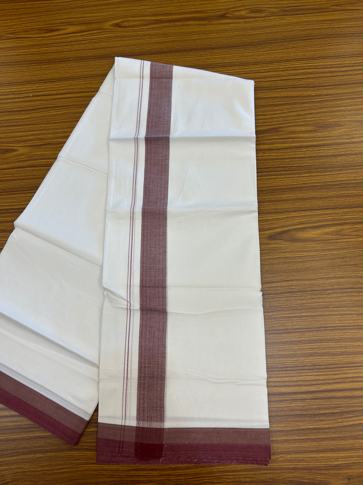 20% Discount! KaithariKada Balaramapuram 100% Cotton Double Pure white Mundu/Dhoti- 100X80 - 1.5 inch Maroon & Sandal Brown Striped kara - 4 mtr ( 8.5 muzham) - 62 KK5371 VIN