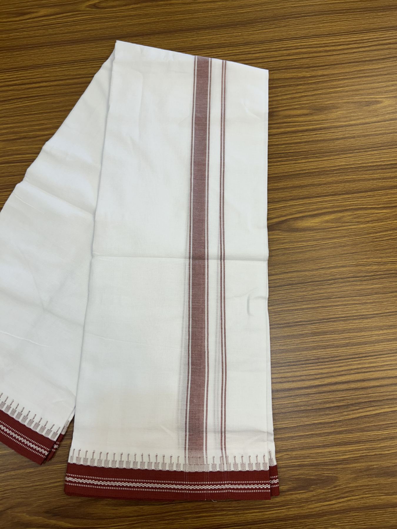 Premium Kathar Type Mercerised Pure Cotton Single Mundu Kaitharikada Special - Kaily / Lungi - 60s - 1 inch Reddish Maroon Striped kara White Body Kuppadam Border (2 meter / 4 muzham) - 3 KK5316 MR