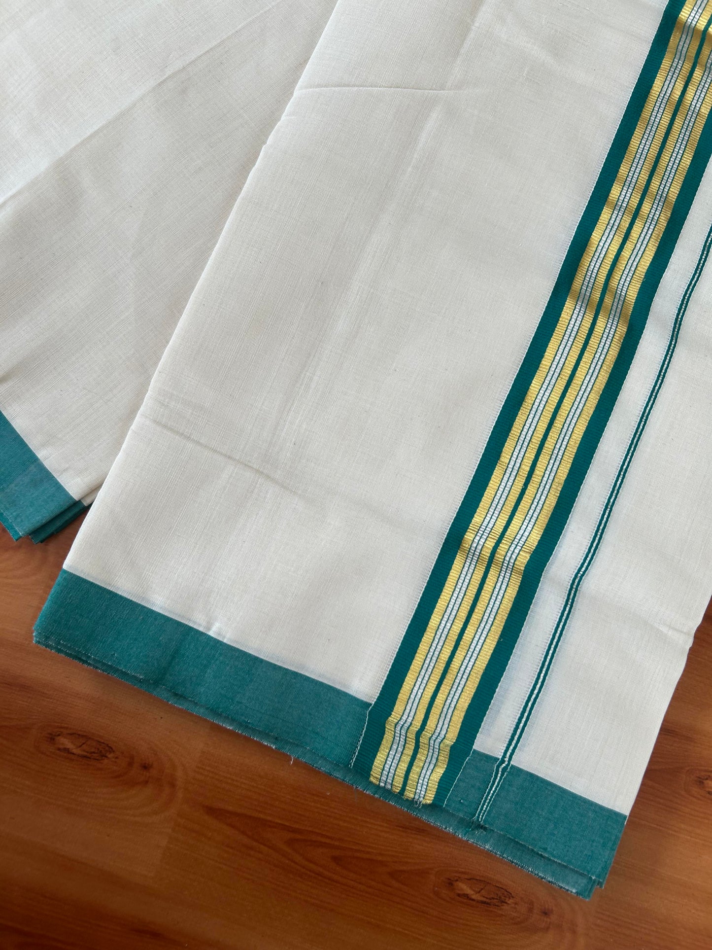 25% Discount! KaithariKada Handloom Millpaav - Kerala Handloom - Cotton Double Mundu/Dhoti Off white (Unbleached) - 80x90 - 1.75 inch Gold & Silver Kasav Peacock Green Stripes Kara 4.00 meter (8.5 Muzham) - 7 KK5386 RAM