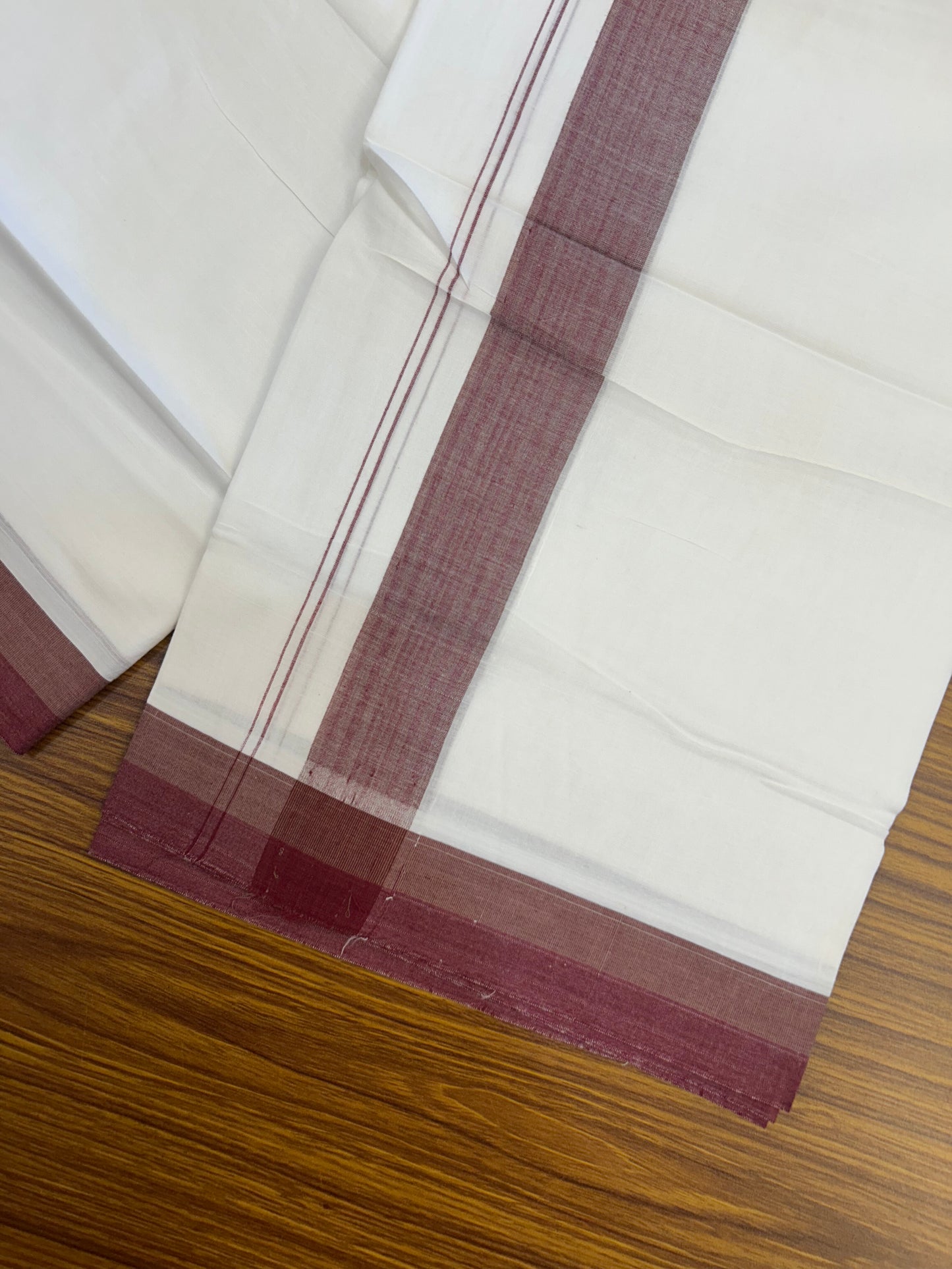 20% Discount! KaithariKada Balaramapuram 100% Cotton Double Pure white Mundu/Dhoti- 100X80 - 1.5 inch Maroon & Sandal Brown Striped kara - 4 mtr ( 8.5 muzham) - 62 KK5371 VIN