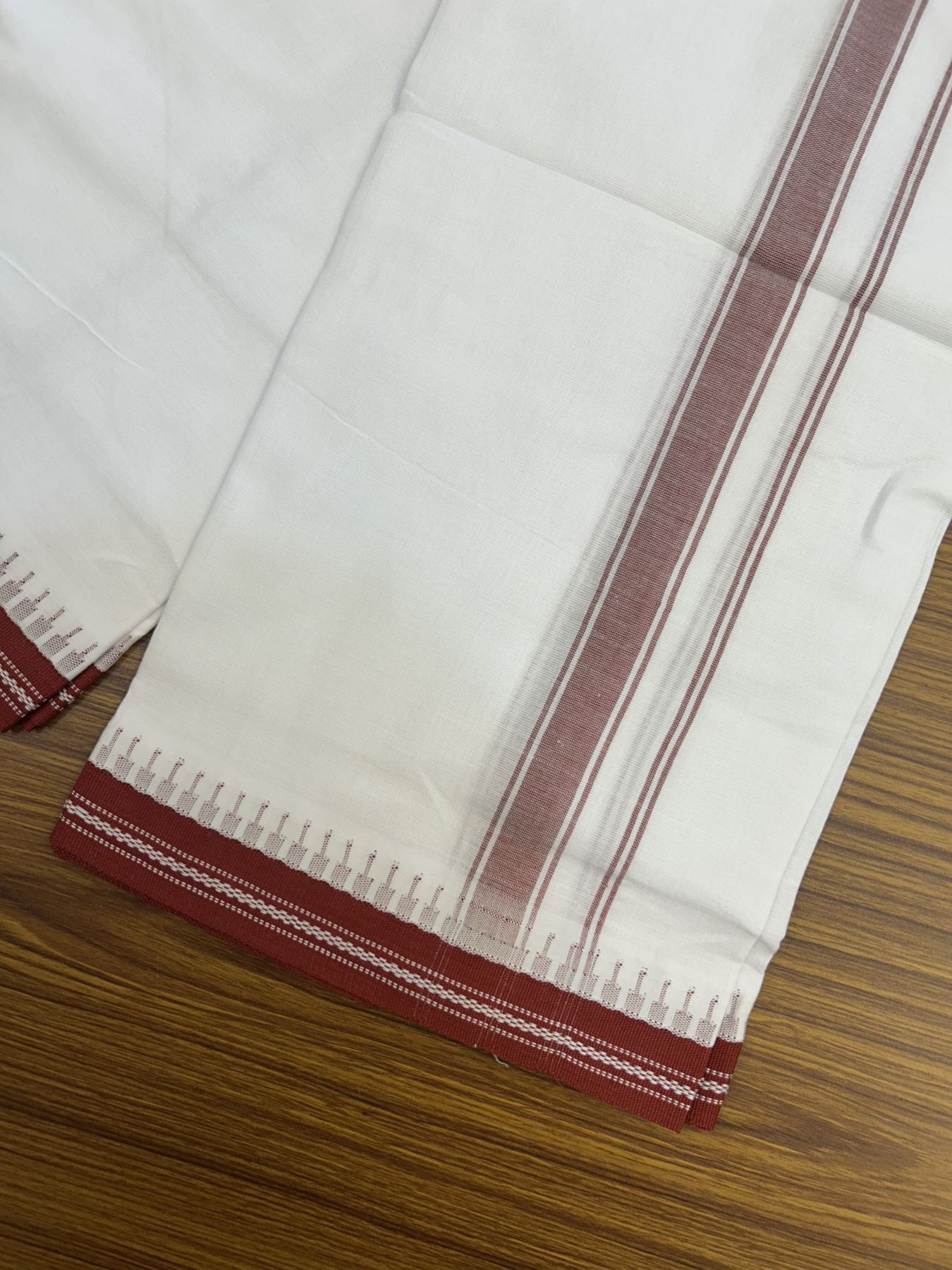 Premium Kathar Type Mercerised Pure Cotton Single Mundu Kaitharikada Special - Kaily / Lungi - 60s - 1 inch Reddish Maroon Striped kara White Body Kuppadam Border (2 meter / 4 muzham) - 3 KK5316 MR