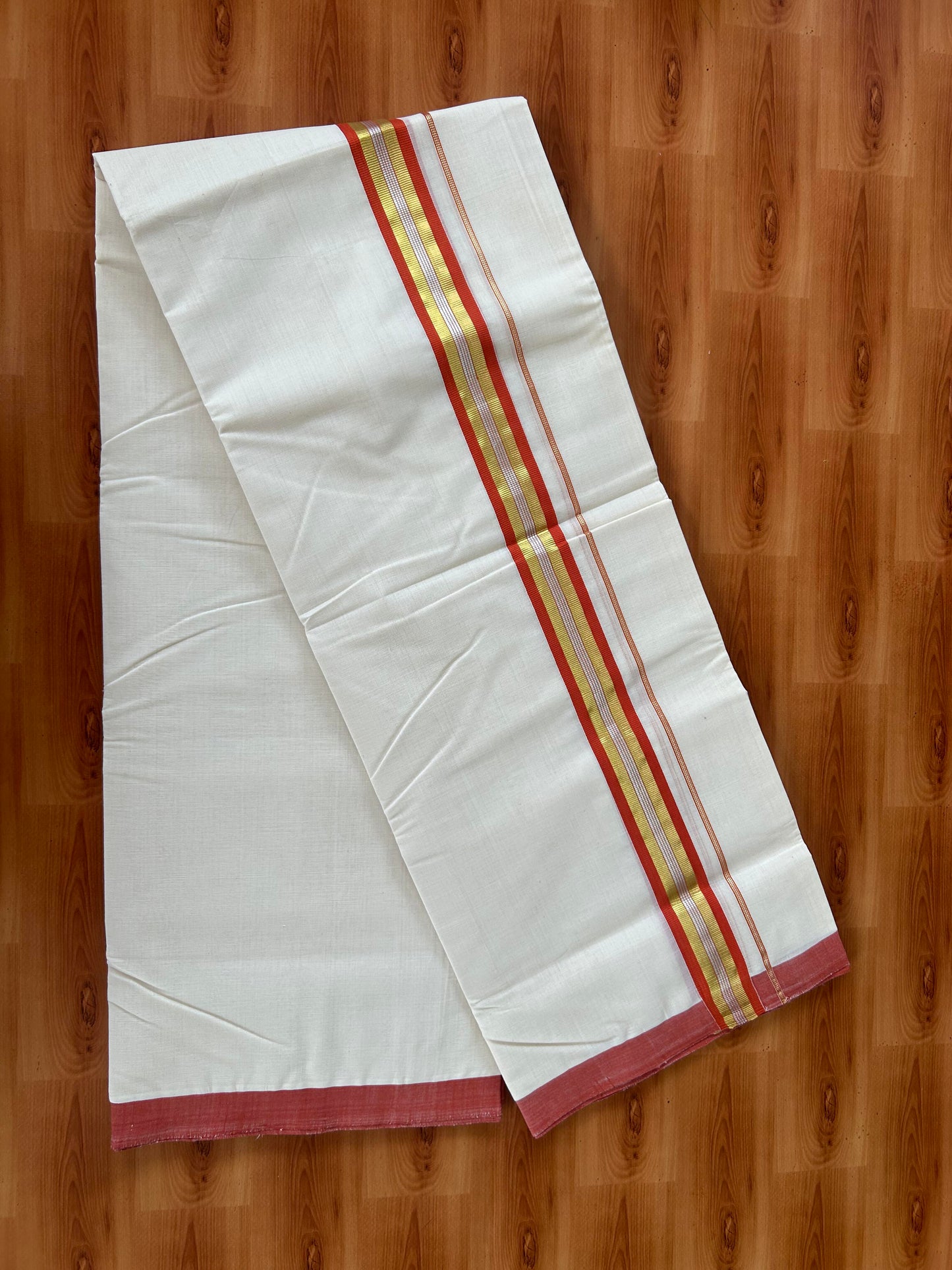 25% Discount! KaithariKada Handloom Millpaav - Kerala Handloom - Cotton Double Mundu/Dhoti Off white (Unbleached) - 80x90 - 1.5 inch Gold & Silver Kasav Burned Orange Stripes Kara 4.00 meter (8.5 Muzham) - 4 KK5386 RAM