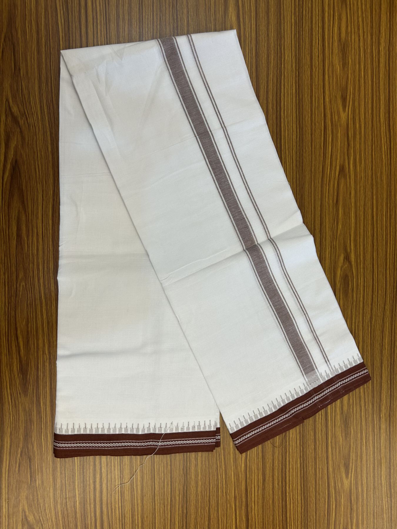 Premium Kathar Type Mercerised Pure Cotton Single Mundu Kaitharikada Special - Kaily / Lungi - 60s - 1 inch Dark Brick Red Striped kara White Body Kuppadam Border (2 meter / 4 muzham) - 7 KK5316 MR