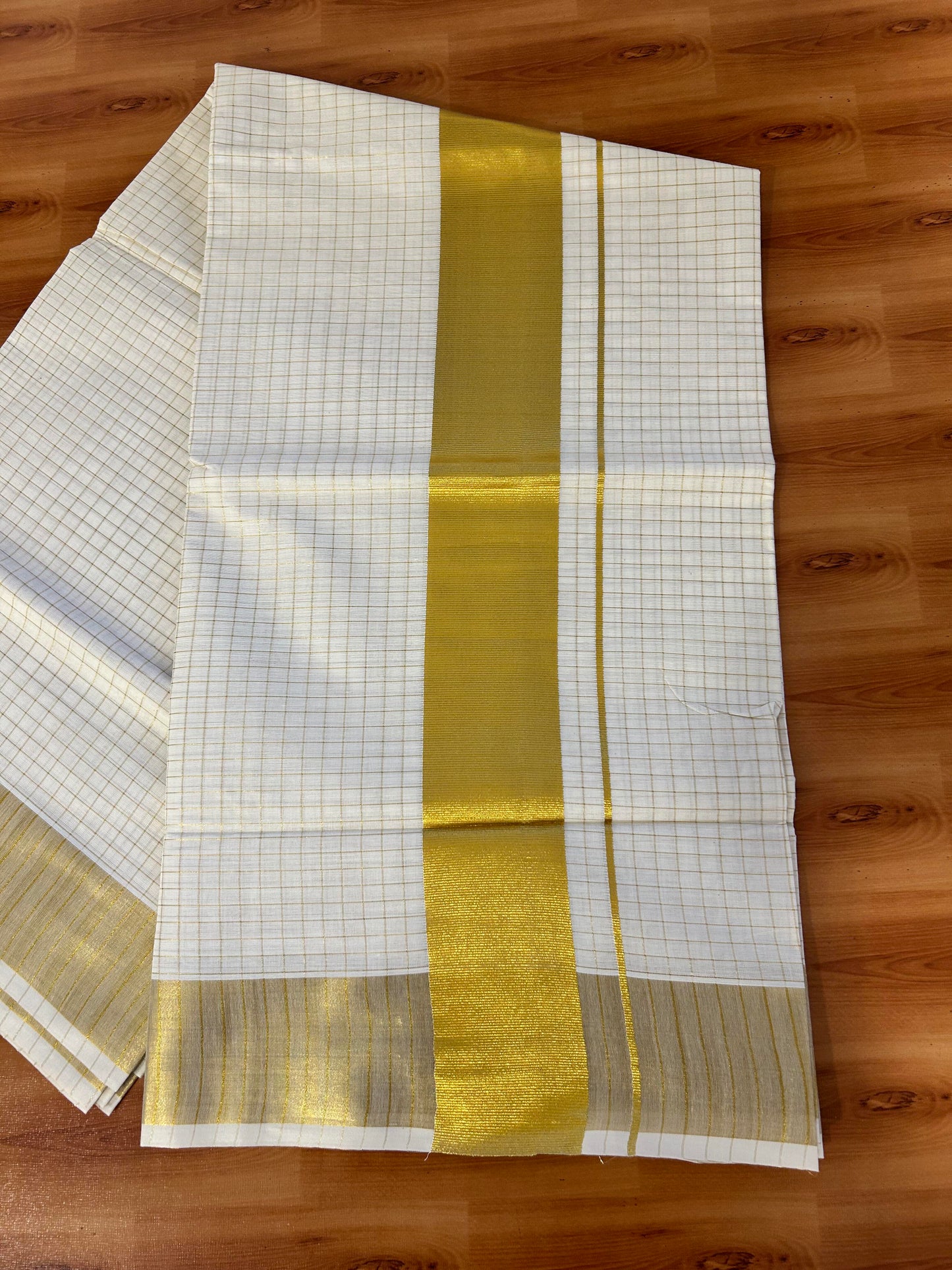 25% Discount! Kaitharikada Kerala Traditional Saree Off white- Mixed Cotton Kasav Saree - 3 Inch  Pallu - Gold Kasav Kara & Striped Design Body - 51 KK7000 PMC