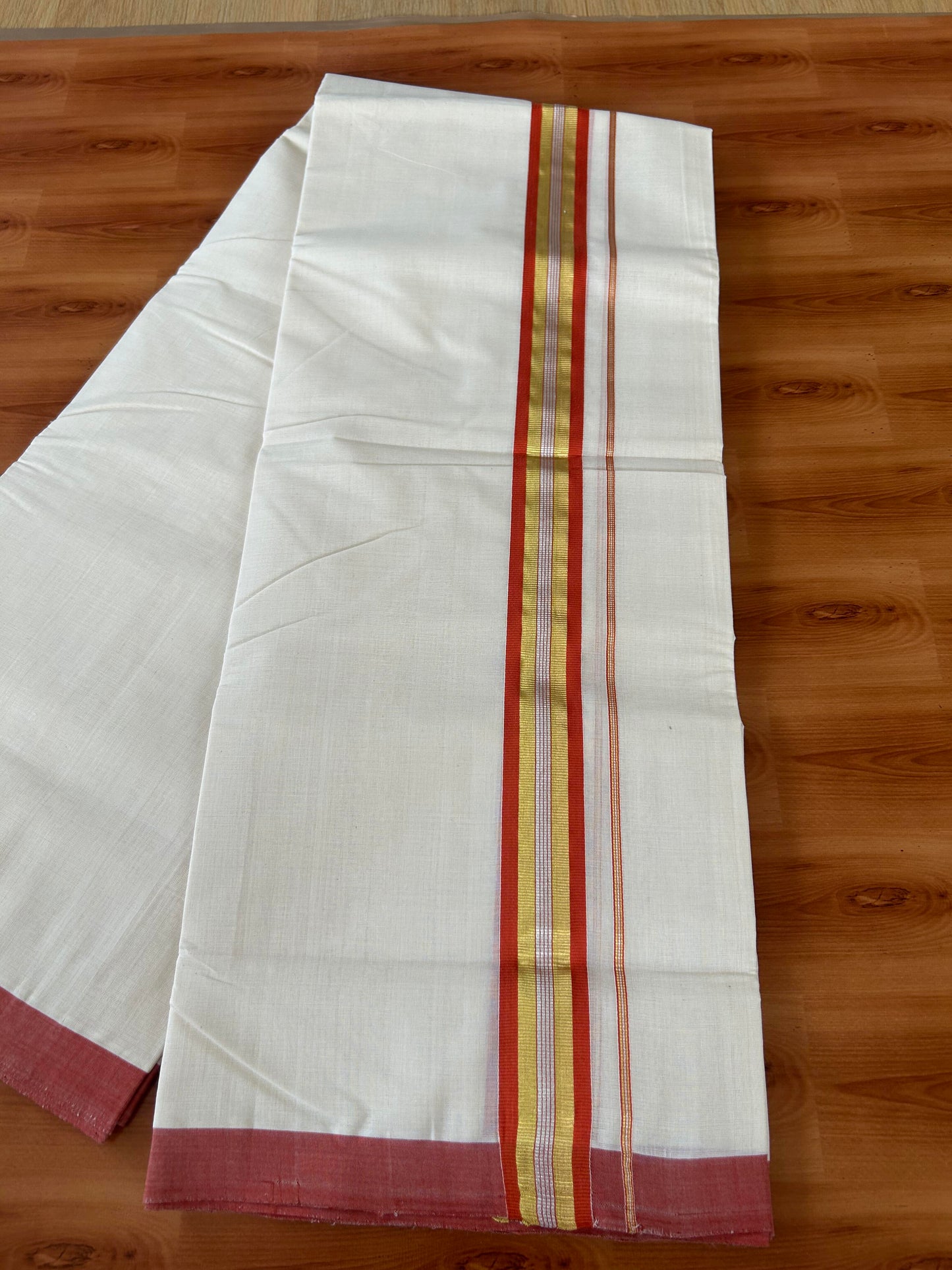 25% Discount! KaithariKada Handloom Millpaav - Kerala Handloom - Cotton Double Mundu/Dhoti Off white (Unbleached) - 80x90 - 1.5 inch Gold & Silver Kasav Burned Orange Stripes Kara 4.00 meter (8.5 Muzham) - 4 KK5386 RAM