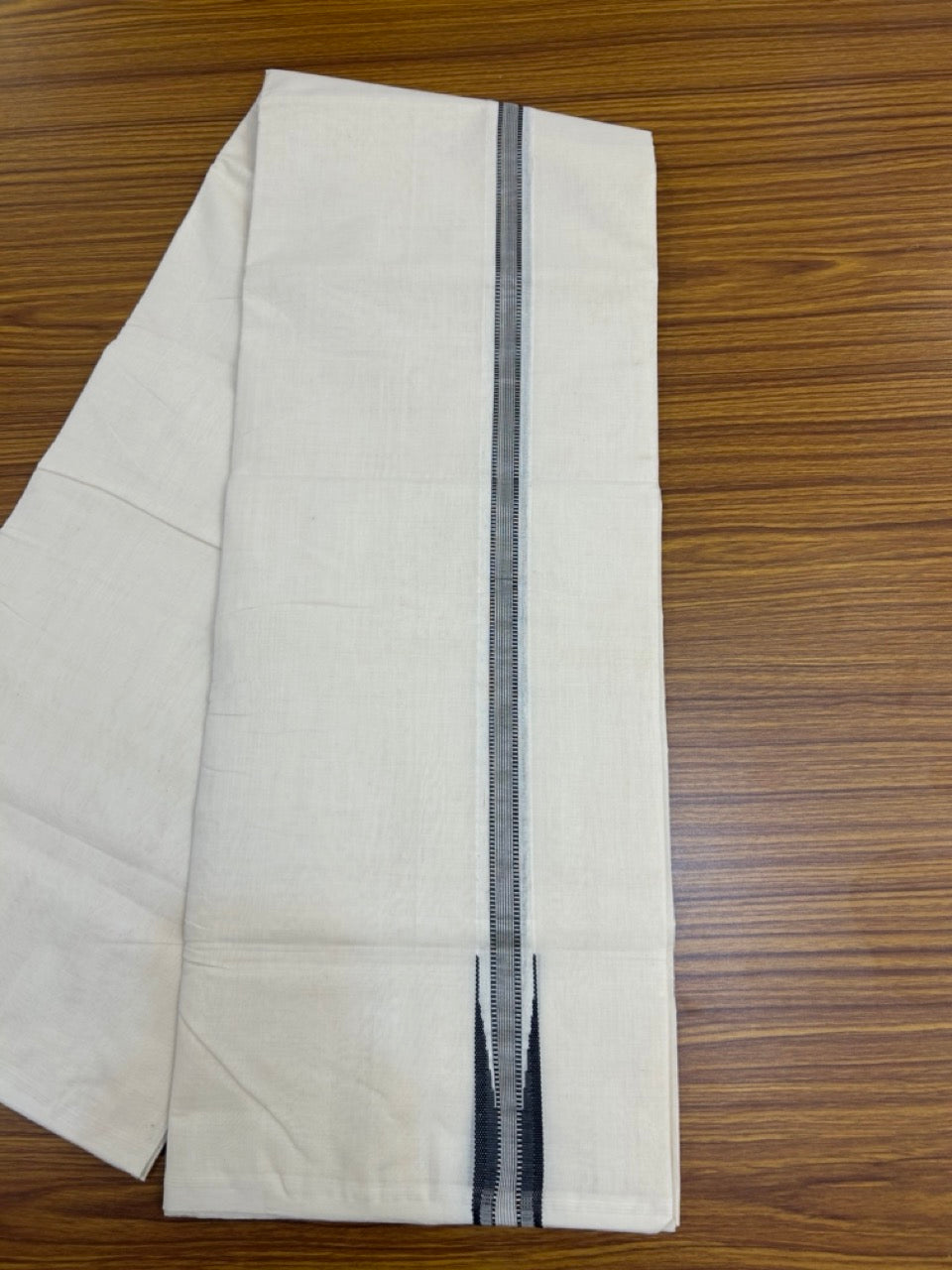 25% Discount ! KaithariKada Handloom Millpaav Balaramapuram - 100% Pure Cotton Off White Double - (Unbleached) Mundu/Dothi - 80X90 - 1 inch Puliyilakkara Silver Kasav & Black Stripes chutty Kara 4 mtr (8.5 Muzham) - 133 KK5236 RAM