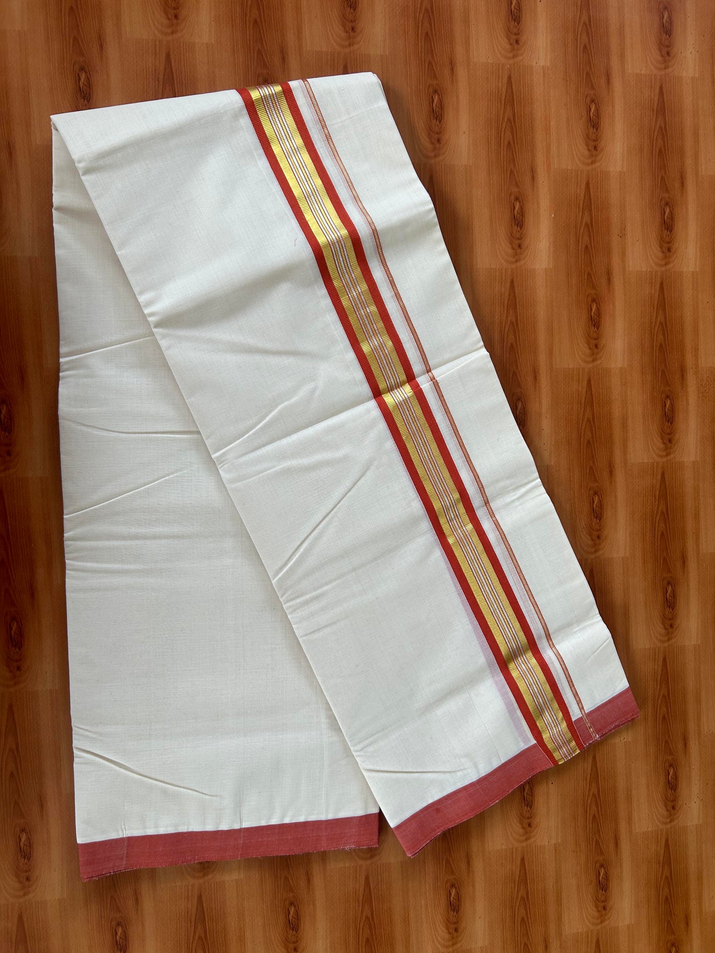 25% Discount! KaithariKada Handloom Millpaav - Kerala Handloom - Cotton Double Mundu/Dhoti Off white (Unbleached) - 80x90 - 1.75 inch Gold & Silver Kasav Burned Orange Stripes Kara 4.00 meter (8.5 Muzham) - 5 KK5386 RAM