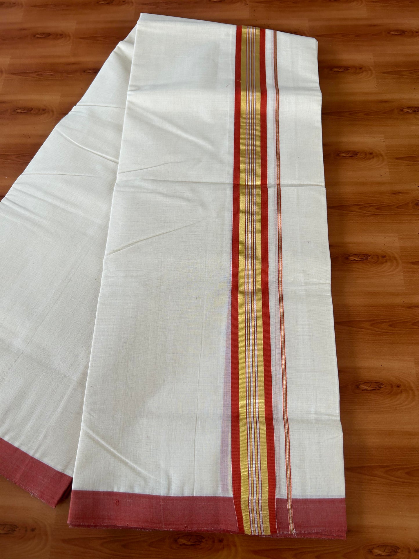 25% Discount! KaithariKada Handloom Millpaav - Kerala Handloom - Cotton Double Mundu/Dhoti Off white (Unbleached) - 80x90 - 1.75 inch Gold & Silver Kasav Burned Orange Stripes Kara 4.00 meter (8.5 Muzham) - 5 KK5386 RAM