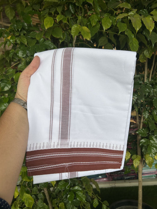 Premium Kathar Type Mercerised Pure Cotton Single Mundu Kaitharikada Special - Kaily / Lungi - 60s - 1 inch Dark Brick Red Striped kara White Body Kuppadam Border (2 meter / 4 muzham) - 7 KK5316 MR