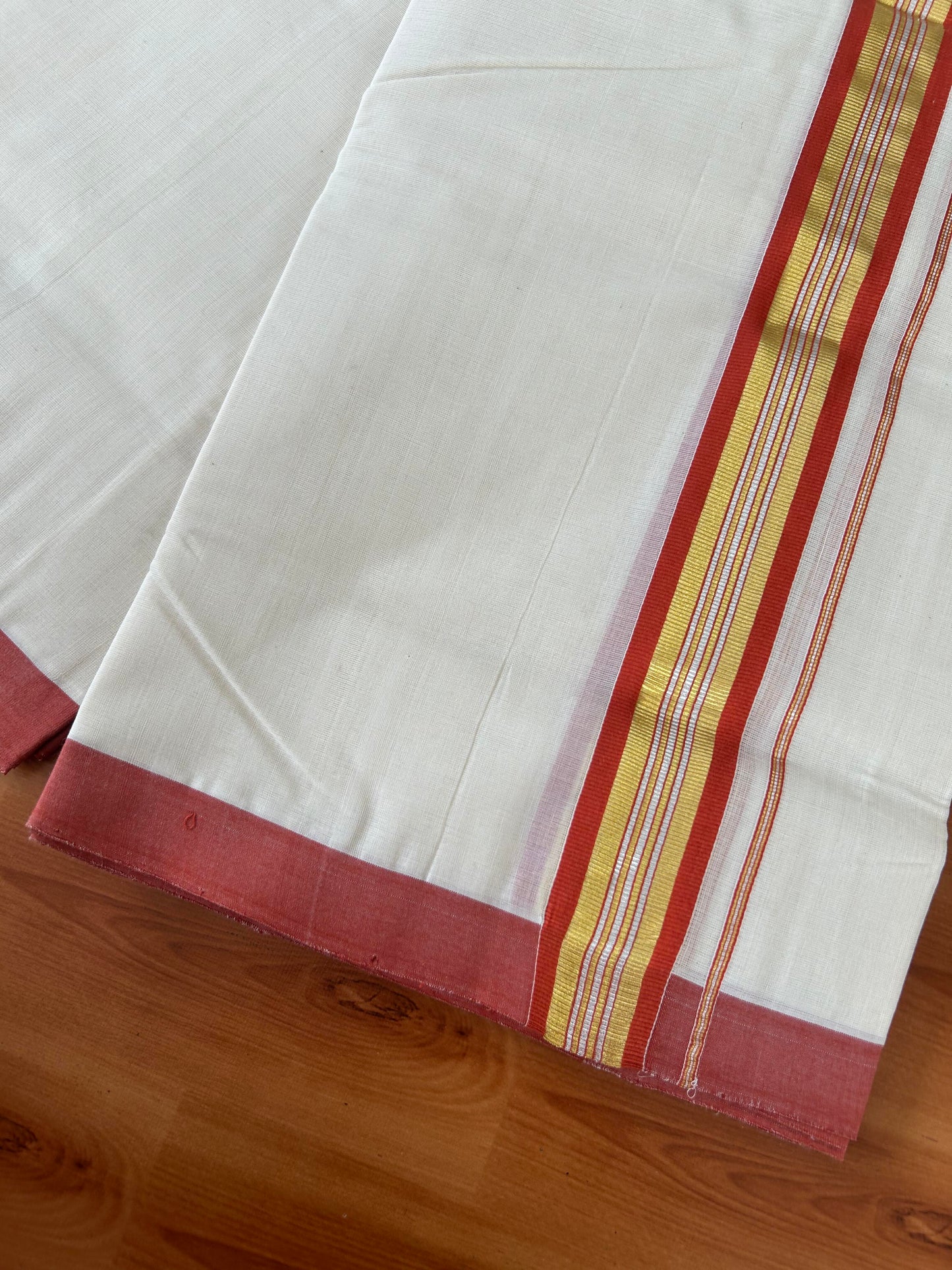 25% Discount! KaithariKada Handloom Millpaav - Kerala Handloom - Cotton Double Mundu/Dhoti Off white (Unbleached) - 80x90 - 1.75 inch Gold & Silver Kasav Burned Orange Stripes Kara 4.00 meter (8.5 Muzham) - 5 KK5386 RAM