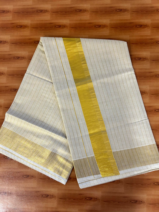 25% Discount! Kaitharikada Kerala Traditional Saree Off white- Mixed Cotton Kasav Saree - 3 Inch  Pallu - Gold Kasav Kara & Check Design Tissue Body - 52 KK7000 PMC
