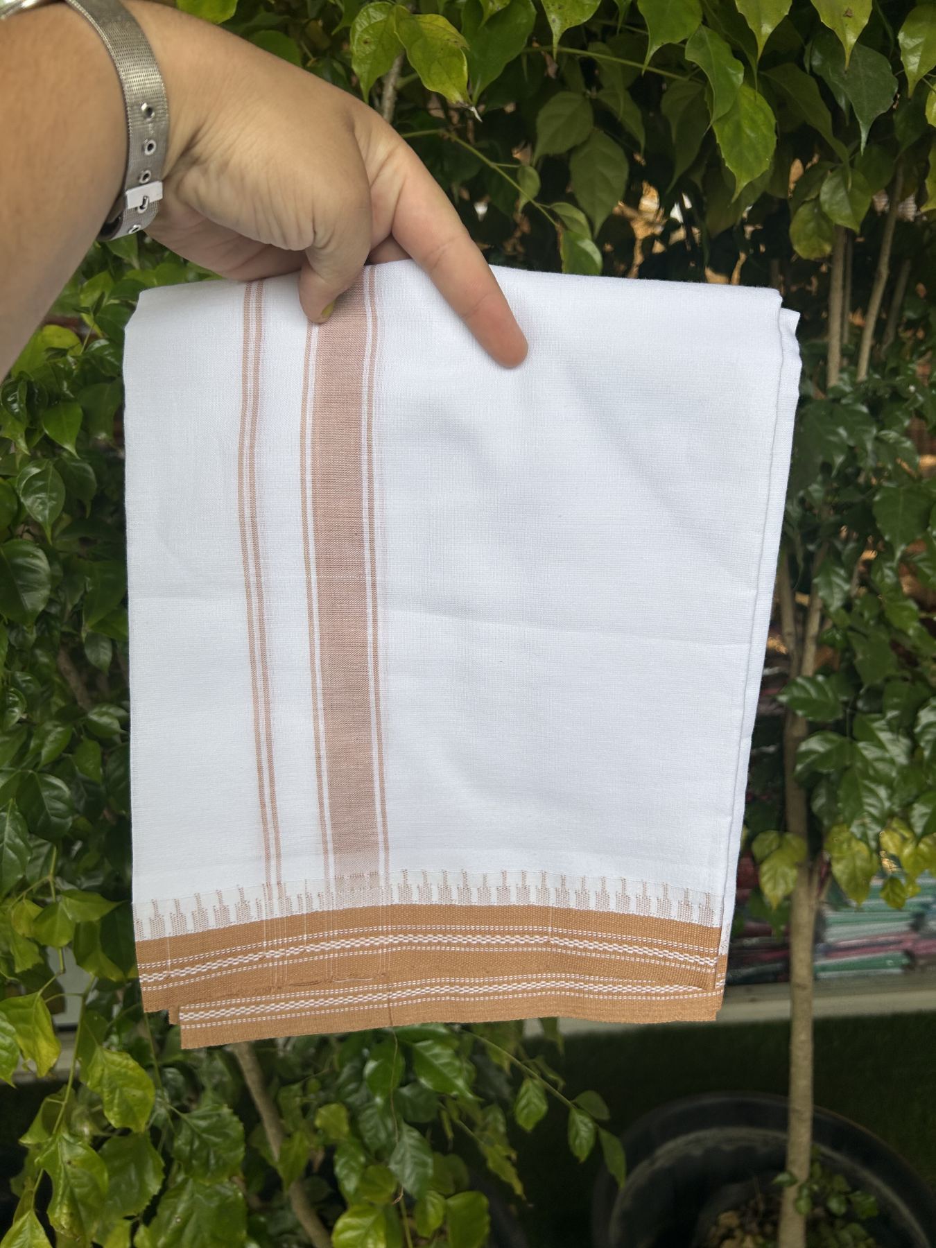 Premium Kathar Type Mercerised Pure Cotton Single Mundu Kaitharikada Special - Kaily / Lungi - 60s - 1 inch Peach Brown Striped kara White Body Kuppadam Border (2 meter / 4 muzham) - 8 KK5316 MR
