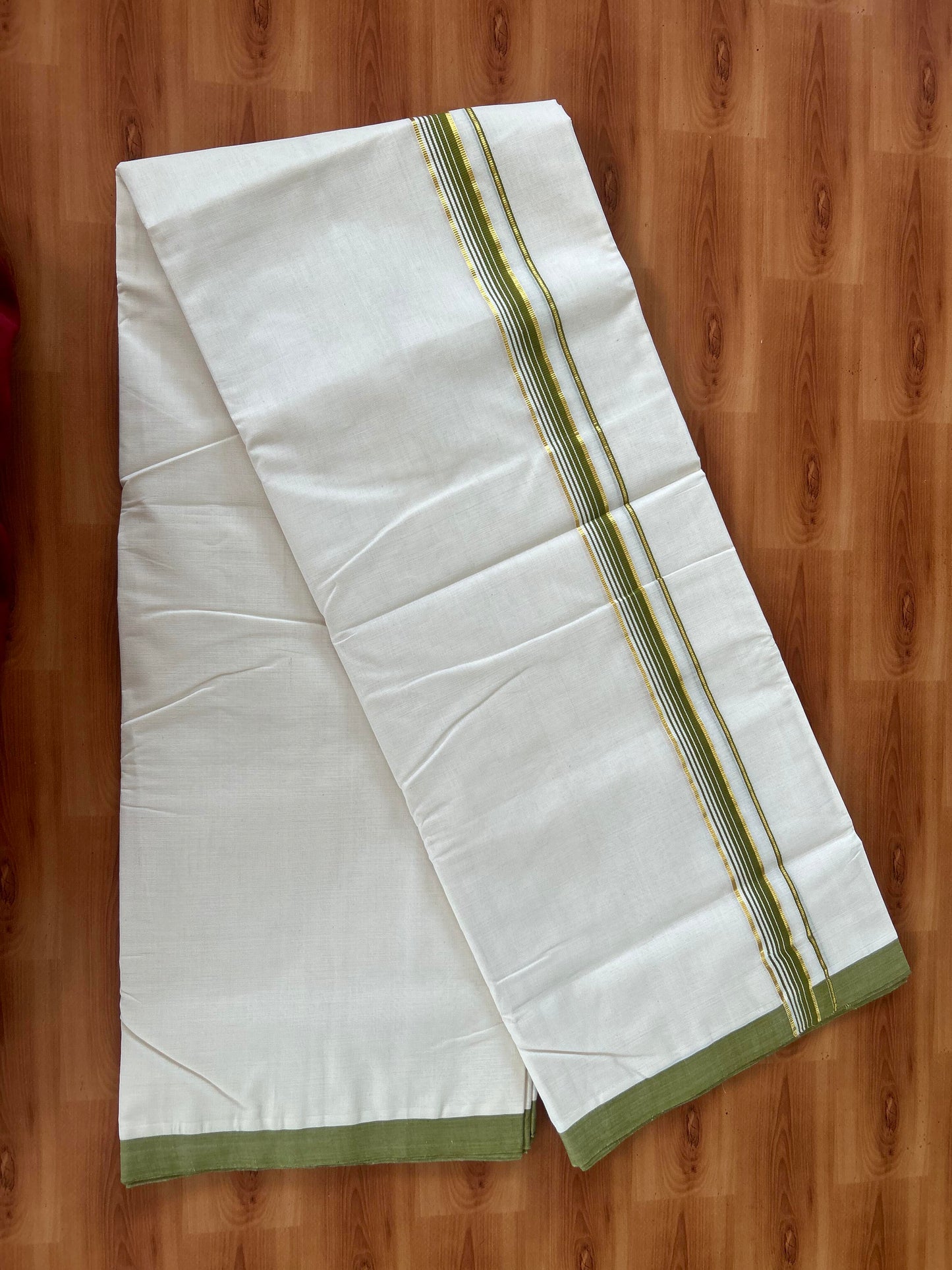 25% Discount! KaithariKada Handloom Millpaav - Kerala Handloom - Cotton Double Mundu/Dhoti Off white (Unbleached) - 80x90 - 1 inch Gold Kasav Olive Green Stripes Kara 4.00 meter (8.5 Muzham) - 14 KK5386 RAM