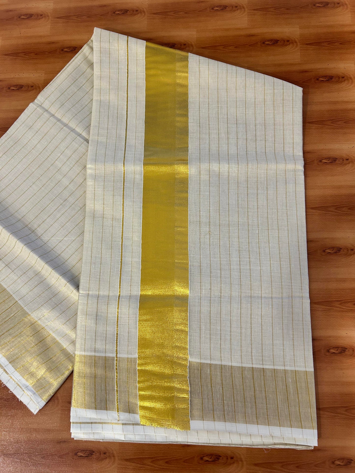 25% Discount! Kaitharikada Kerala Traditional Saree Off white- Mixed Cotton Kasav Saree - 3 Inch  Pallu - Gold Kasav Kara & Check Design Tissue Body - 52 KK7000 PMC