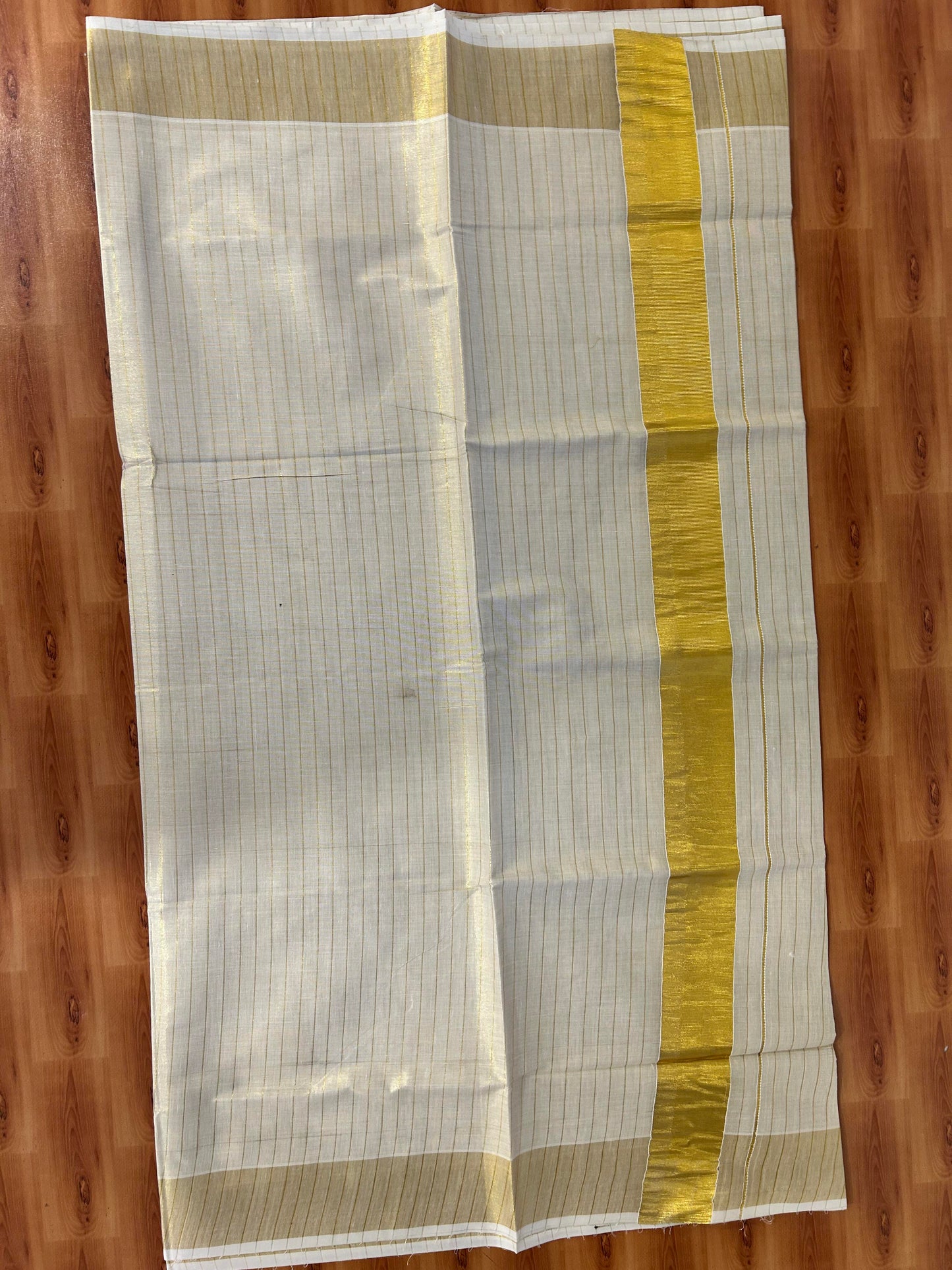 25% Discount! Kaitharikada Kerala Traditional Saree Off white- Mixed Cotton Kasav Saree - 3 Inch  Pallu - Gold Kasav Kara & Check Design Tissue Body - 52 KK7000 PMC