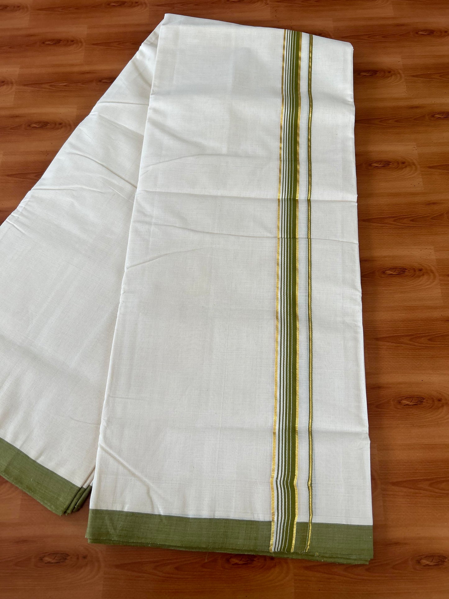 25% Discount! KaithariKada Handloom Millpaav - Kerala Handloom - Cotton Double Mundu/Dhoti Off white (Unbleached) - 80x90 - 1 inch Gold Kasav Olive Green Stripes Kara 4.00 meter (8.5 Muzham) - 14 KK5386 RAM