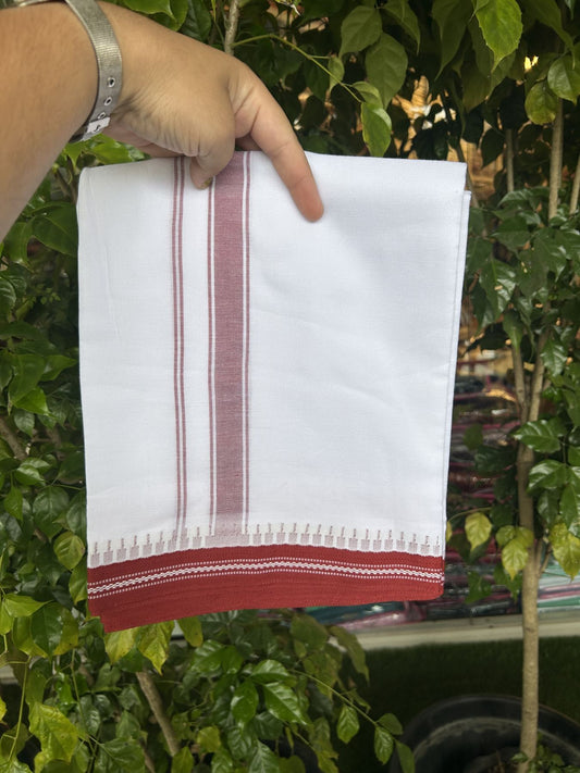 Premium Kathar Type Mercerised Pure Cotton Single Mundu Kaitharikada Special - Kaily / Lungi - 60s - 1 inch Reddish Maroon Striped kara White Body Kuppadam Border (2 meter / 4 muzham) - 3 KK5316 MR