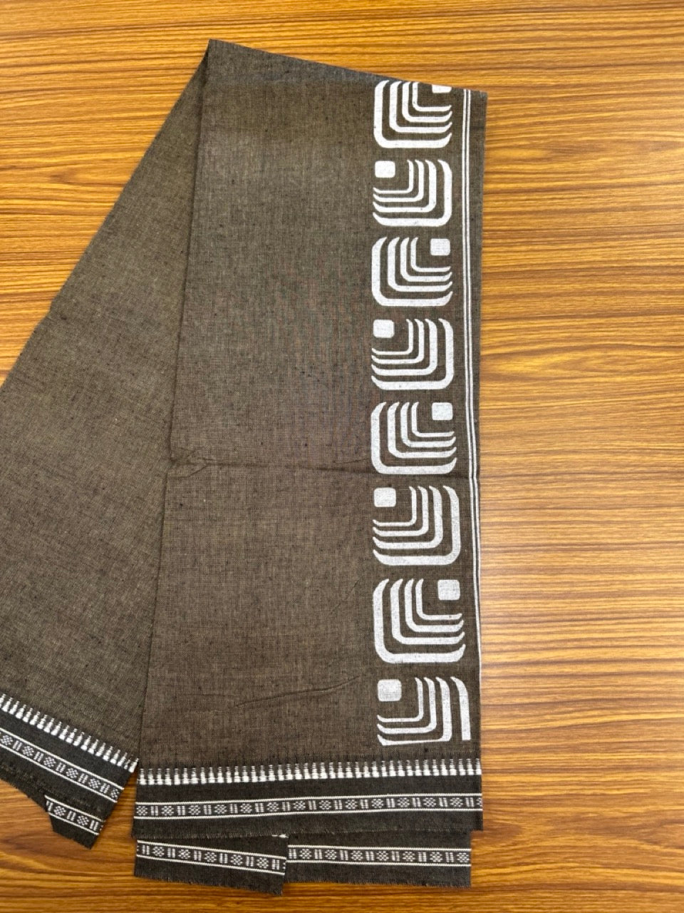 Kaitharikada - Polyster + Cotton - 20s twisted - Single Kaily / Lungi - 2.5 inch White Printed Kuppadam Border with Sage Brown colour body (2 meter / 4 muzham) -  81 KK8035 GAN