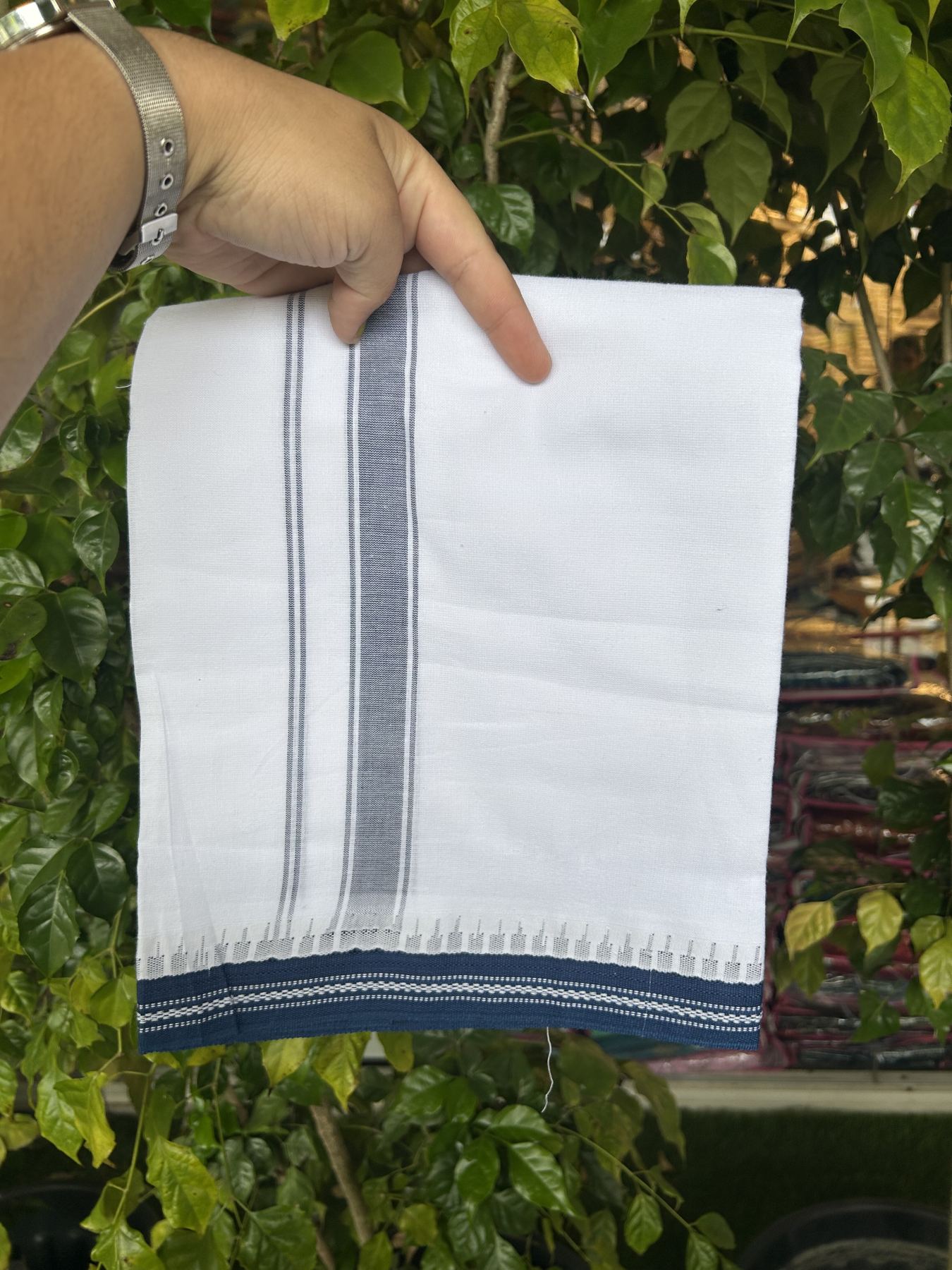 Premium Kathar Type Mercerised Pure Cotton Single Mundu Kaitharikada Special - Kaily / Lungi - 60s - 1 inch Dark Blue Striped kara White Body Kuppadam Border (2 meter / 4 muzham) - 5 KK5316 MR