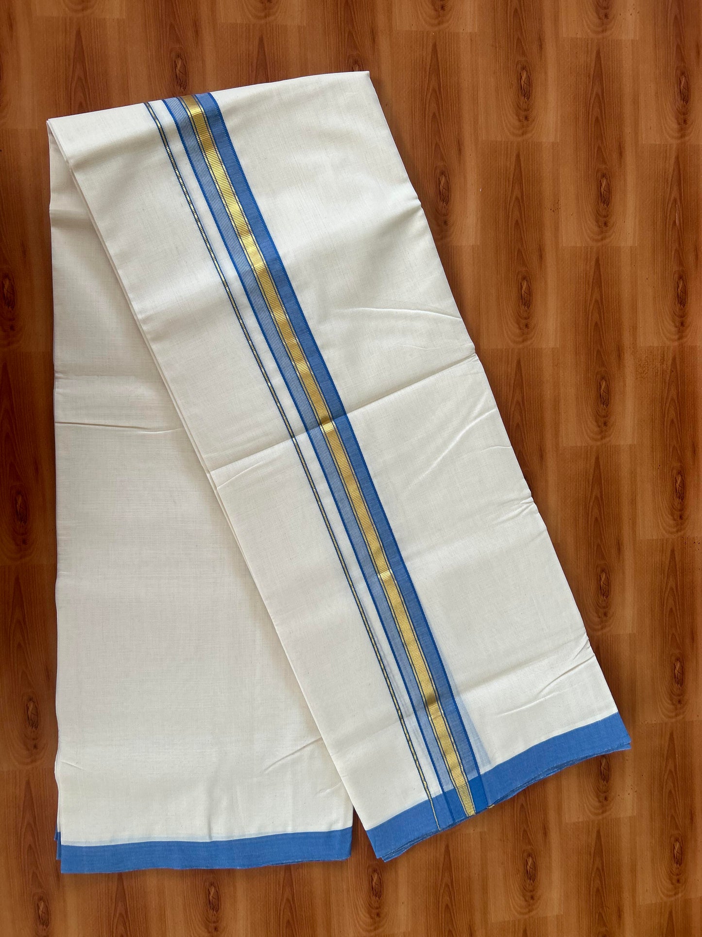 25% Discount! KaithariKada Handloom Millpaav - Kerala Handloom - Cotton Double Mundu/Dhoti Off white (Unbleached) - 80x90 - 1.5 inch Gold Kasav Ocean Blue Kara 4.00 meter (8.5 Muzham) - 16 KK5386 RAM