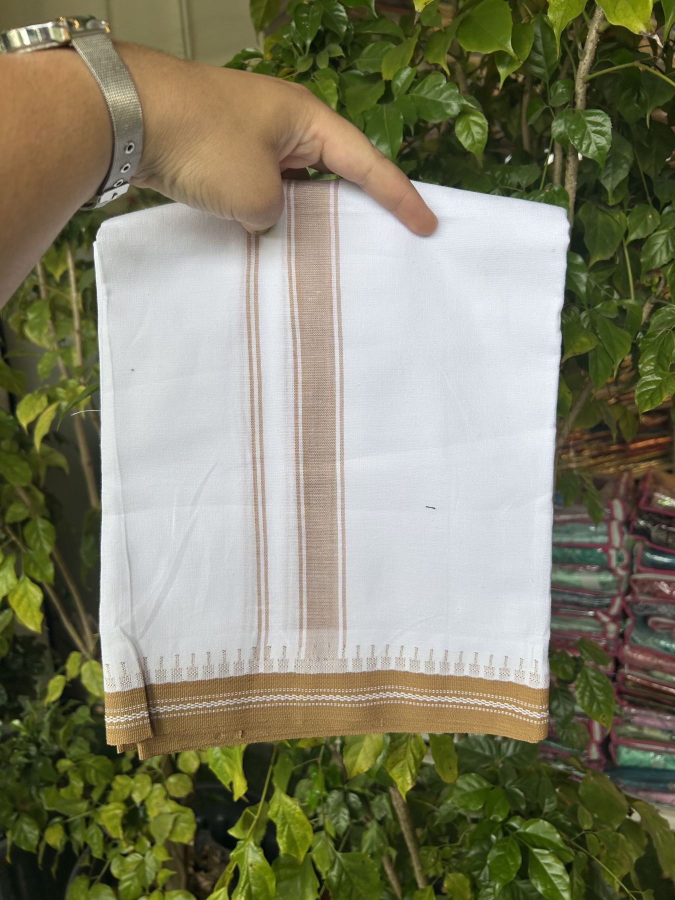Premium Kathar Type Mercerised Pure Cotton Single Mundu Kaitharikada Special - Kaily / Lungi - 60s - 1 inch Sand Brown Striped kara White Body Kuppadam Border (2 meter / 4 muzham) - 4 KK5316 MR