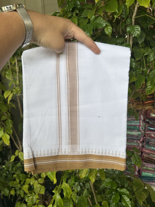 Premium Kathar Type Mercerised Pure Cotton Single Mundu Kaitharikada Special - Kaily / Lungi - 60s - 1 inch Sand Brown Striped kara White Body Kuppadam Border (2 meter / 4 muzham) - 4 KK5316 MR