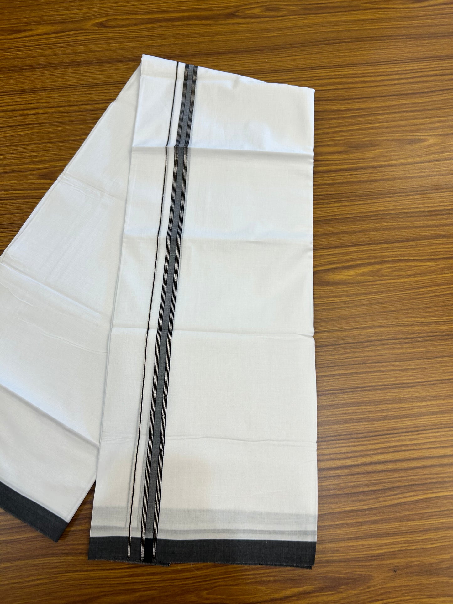 20% Discount! KaithariKada Balaramapuram 100% Cotton Double Pure white Mundu/Dhoti- 100X80 - 0.75 inch Silver Kasav & Black Striped kara - 4 mtr ( 8.5 muzham) - 78 KK5371 VIN