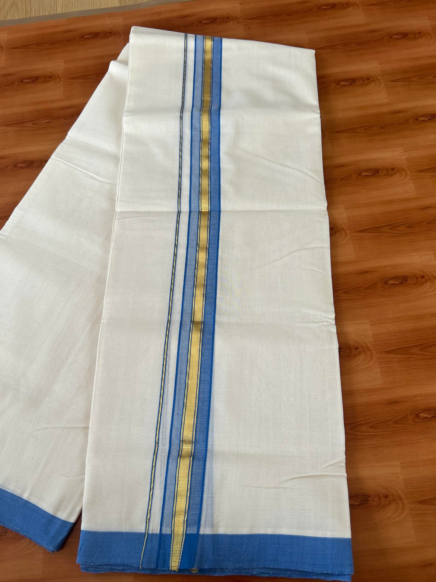 25% Discount! KaithariKada Handloom Millpaav - Kerala Handloom - Cotton Double Mundu/Dhoti Off white (Unbleached) - 80x90 - 1.5 inch Gold Kasav Ocean Blue Kara 4.00 meter (8.5 Muzham) - 16 KK5386 RAM