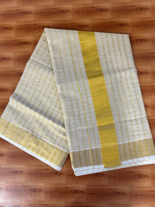 25% Discount! Kaitharikada Kerala Traditional Saree Off white- Mixed Cotton Kasav Saree - 2.75 Inch  Pallu - Gold Kasav Kara & Check Design Tissue Body - 53 KK7000 PMC