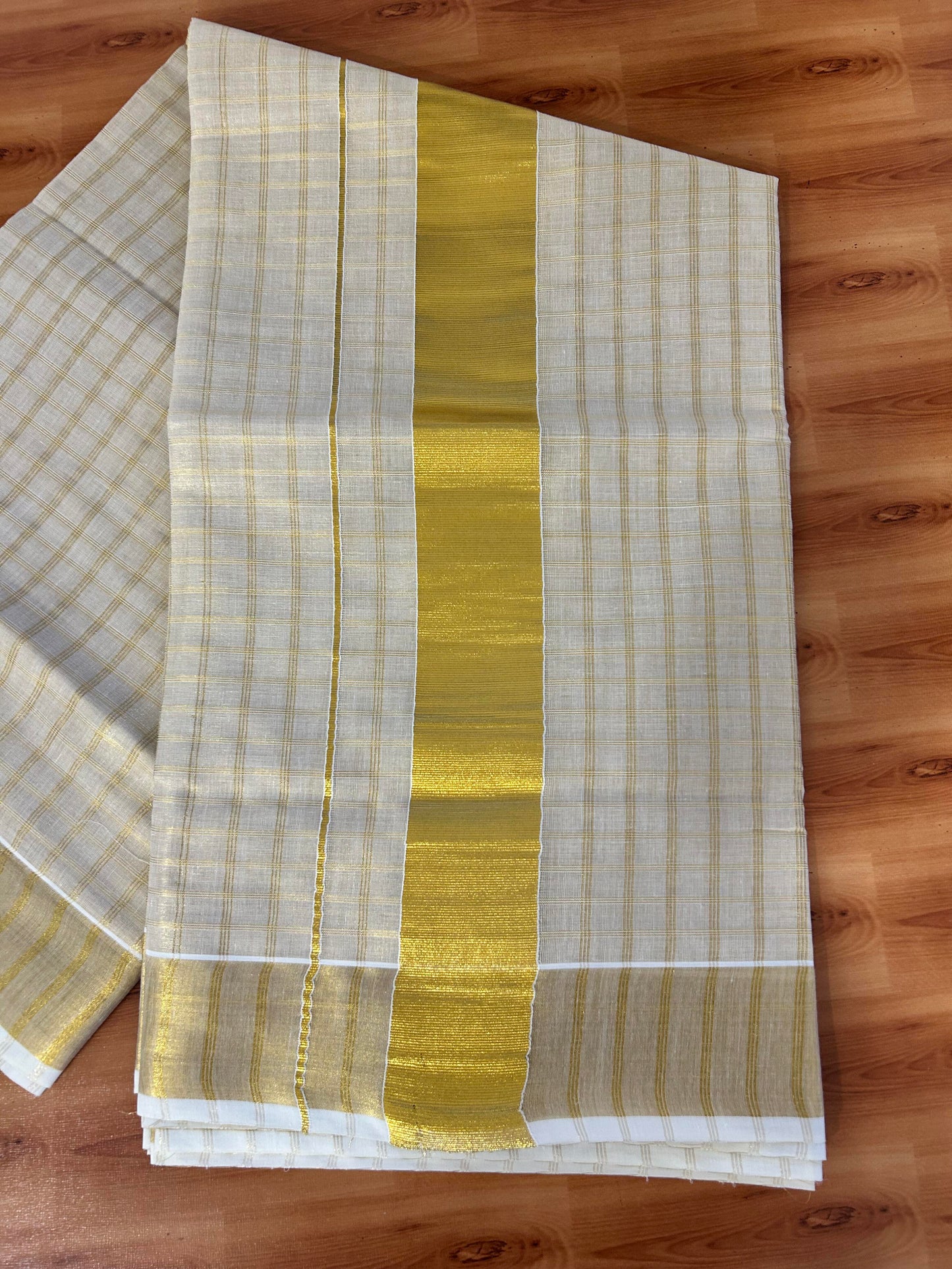 25% Discount! Kaitharikada Kerala Traditional Saree Off white- Mixed Cotton Kasav Saree - 2.75 Inch  Pallu - Gold Kasav Kara & Check Design Tissue Body - 53 KK7000 PMC