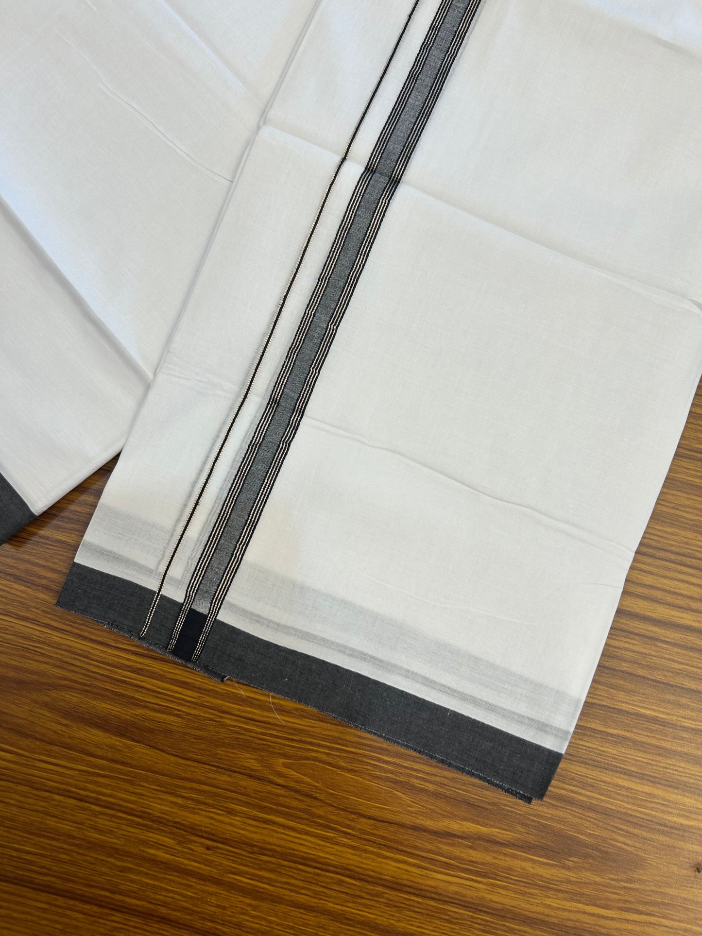 20% Discount! KaithariKada Balaramapuram 100% Cotton Double Pure white Mundu/Dhoti- 100X80 - 0.75 inch Silver Kasav & Black Striped kara - 4 mtr ( 8.5 muzham) - 78 KK5371 VIN