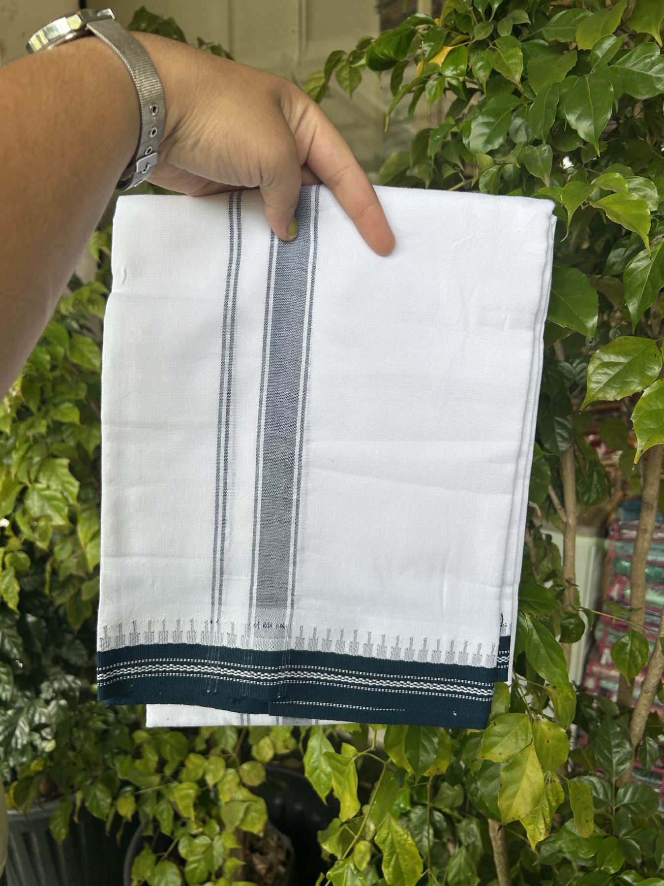 Premium Kathar Type Mercerised Pure Cotton Single Mundu Kaitharikada Special - Kaily / Lungi - 60s - 1 inch Peacock Green Striped kara White Body Kuppadam Border (2 meter / 4 muzham) - 6 KK5316 MR