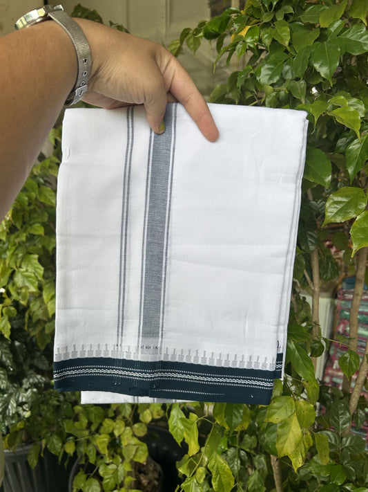 Premium Kathar Type Mercerised Pure Cotton Single Mundu Kaitharikada Special - Kaily / Lungi - 60s - 1 inch Peacock Green Striped kara White Body Kuppadam Border (2 meter / 4 muzham) - 6 KK5316 MR