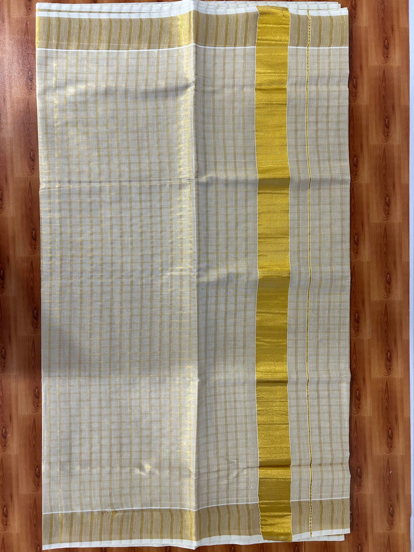 25% Discount! Kaitharikada Kerala Traditional Saree Off white- Mixed Cotton Kasav Saree - 2.75 Inch  Pallu - Gold Kasav Kara & Check Design Tissue Body - 53 KK7000 PMC