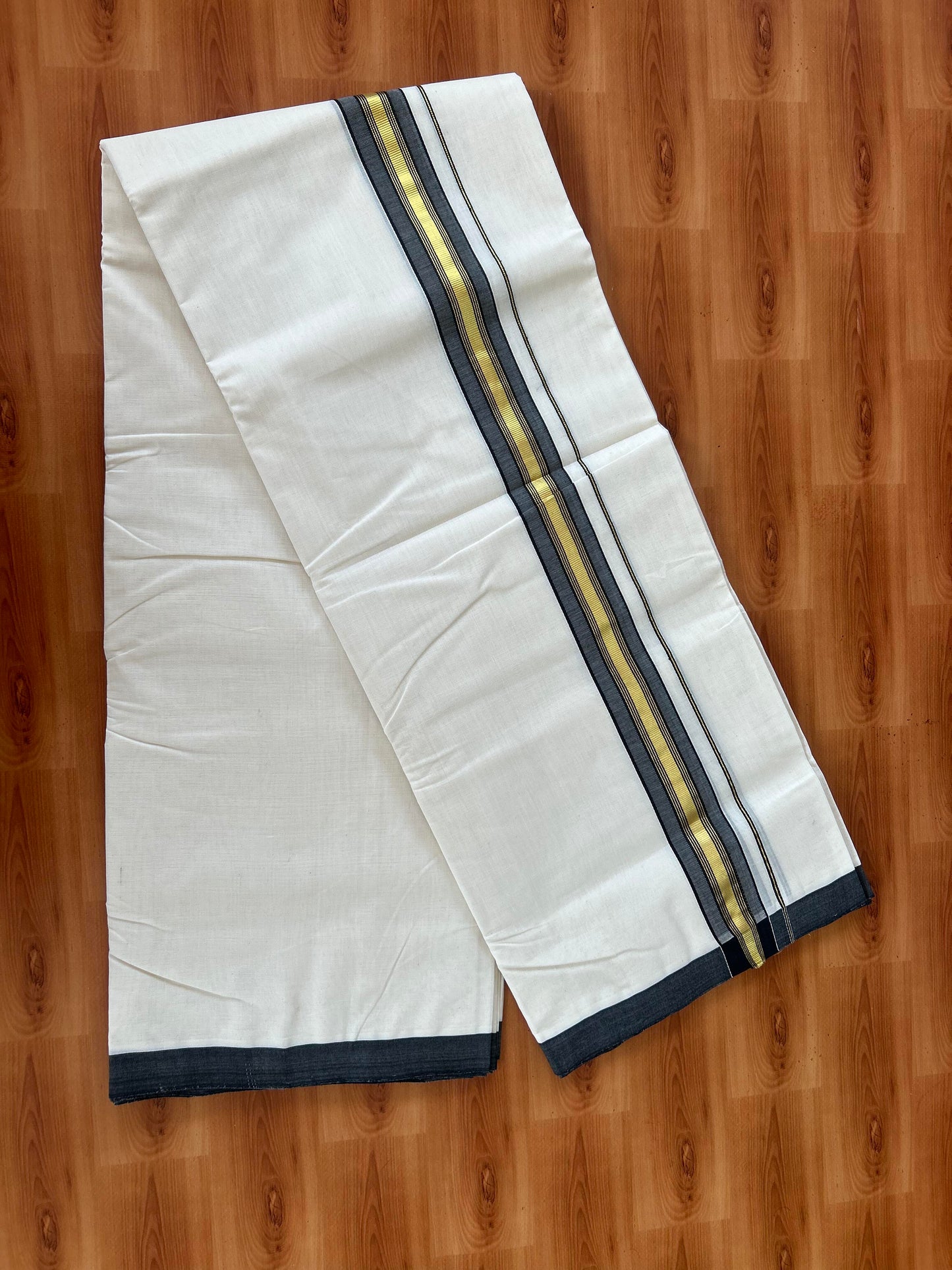 25% Discount! KaithariKada Handloom Millpaav - Kerala Handloom - Cotton Double Mundu/Dhoti Off white (Unbleached) - 80x90 - 1.75 inch Gold Kasav Black Stripes Kara 4.00 meter (8.5 Muzham) - 18 KK5386 RAM