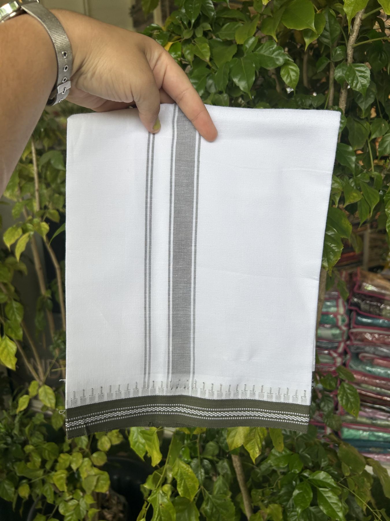 Premium Kathar Type Mercerised Pure Cotton Single Mundu Kaitharikada Special - Kaily / Lungi - 60s - 1 inch Grey Green Striped kara White Body Kuppadam Border (2 meter / 4 muzham) - 2 KK5316 MR